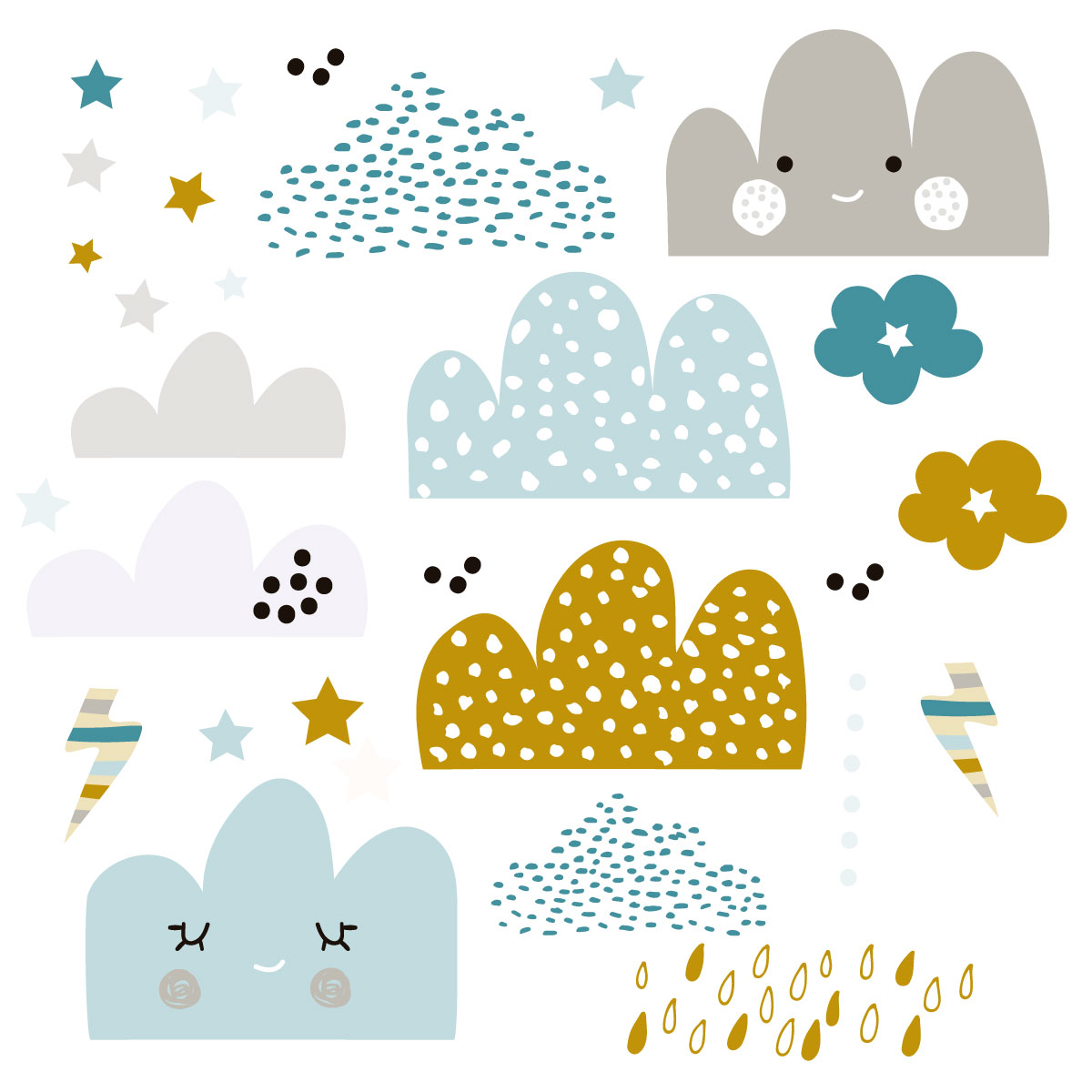 Stickers muraux en vinyle happy clouds bleu et moutarde