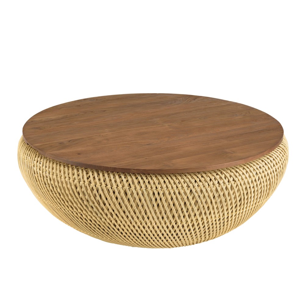 Table basse ronde en rotin beige plateau amovible D100