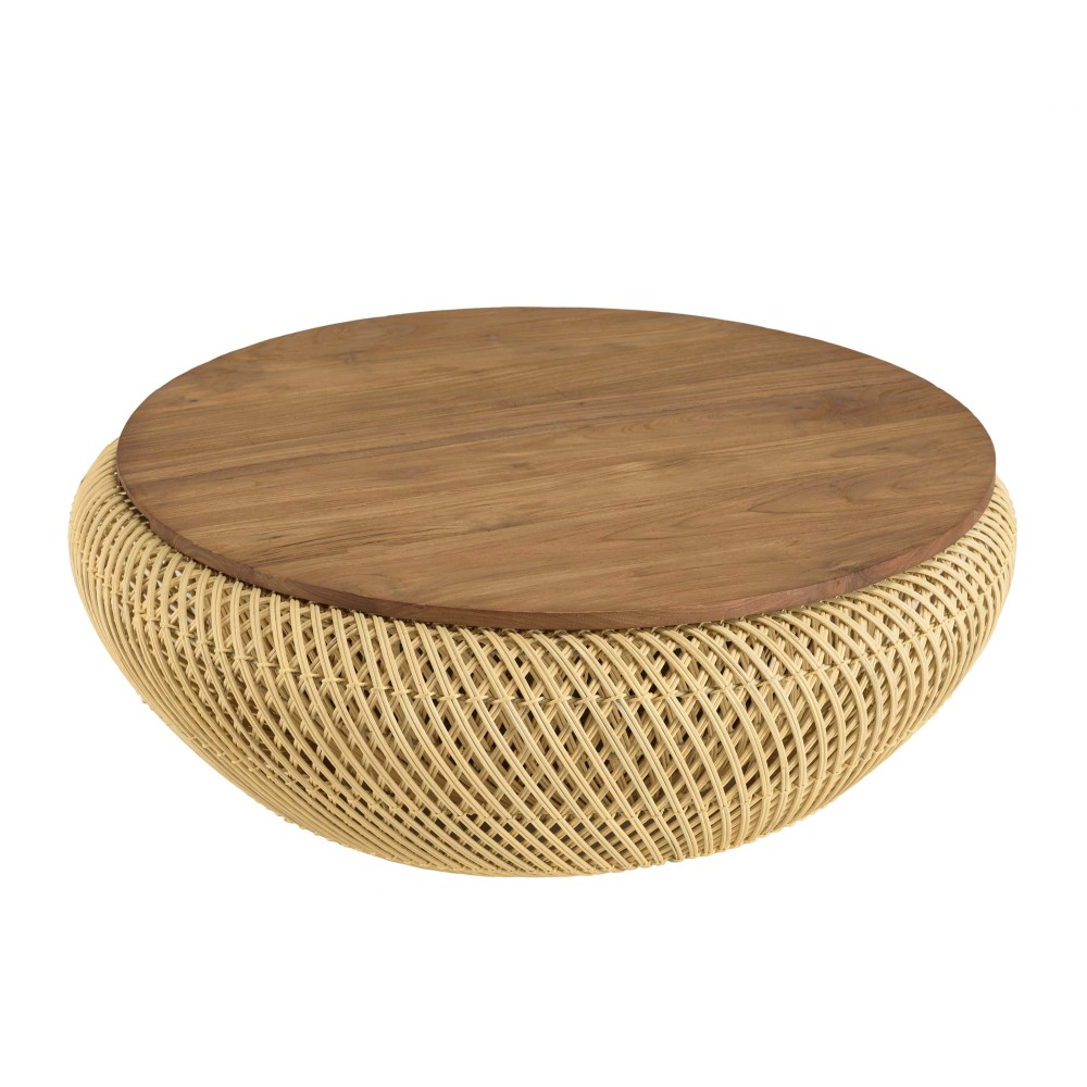 Table basse ronde en rotin beige plateau amovible D81