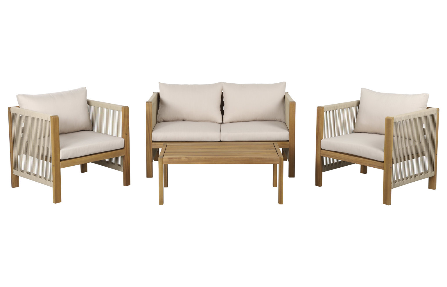 Salon de jardin en bois d'acacia et corde 4 places coussins beige