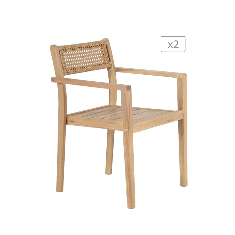 Lot de 2 fauteuils bois d'acacia blanchi et résine tressée