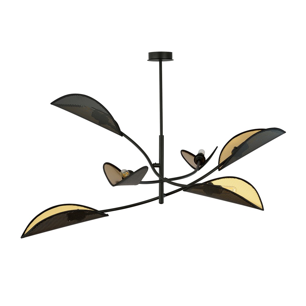 Lustre 6 lumières noir avec abat-jour en forme de feuille