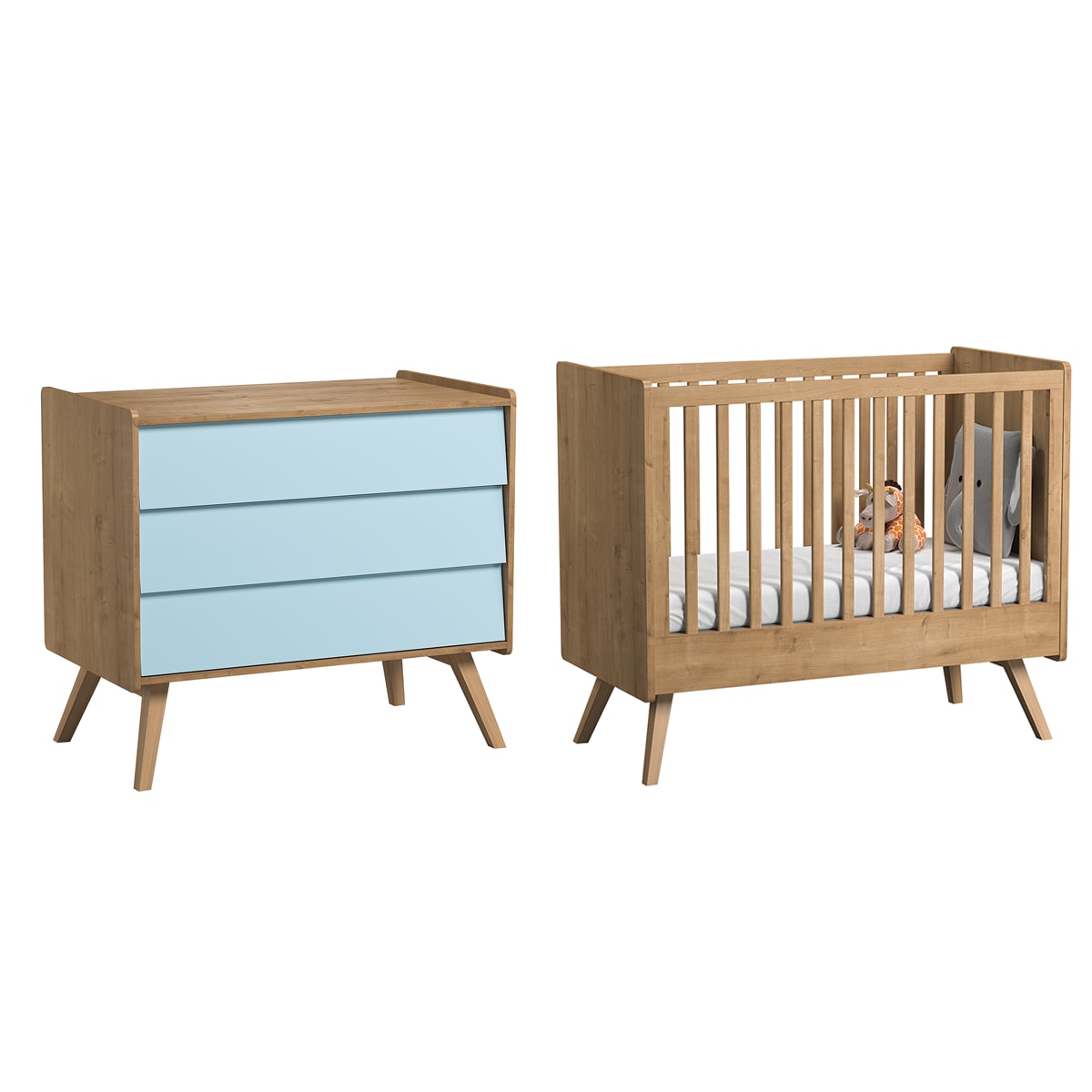 Chambre bébé : Duo - Lit bébé 60x120 commode naturel bleu