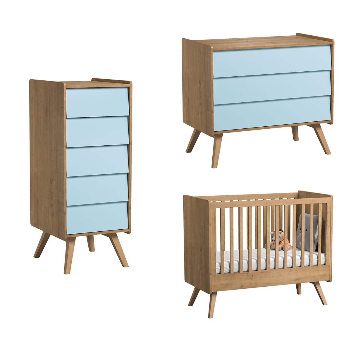 Chambre bébé : Trio - lit bébé 60x120 commode chiffonnier naturel bleu