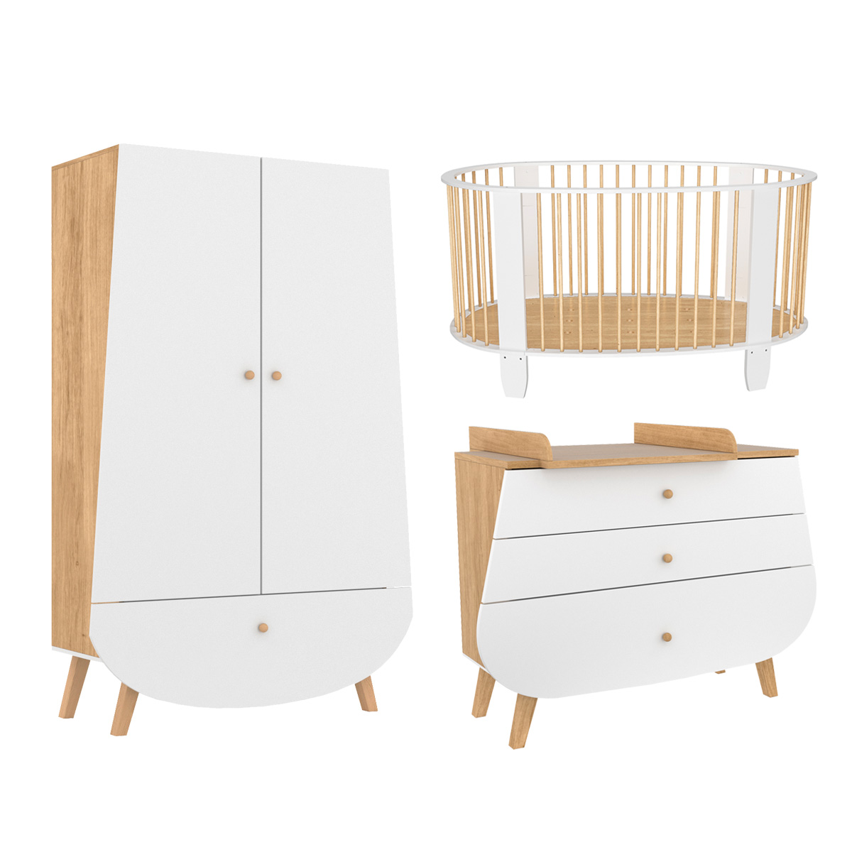 Chambre bébé : Trio - lit bébé 60x120 commode armoire blanc naturel