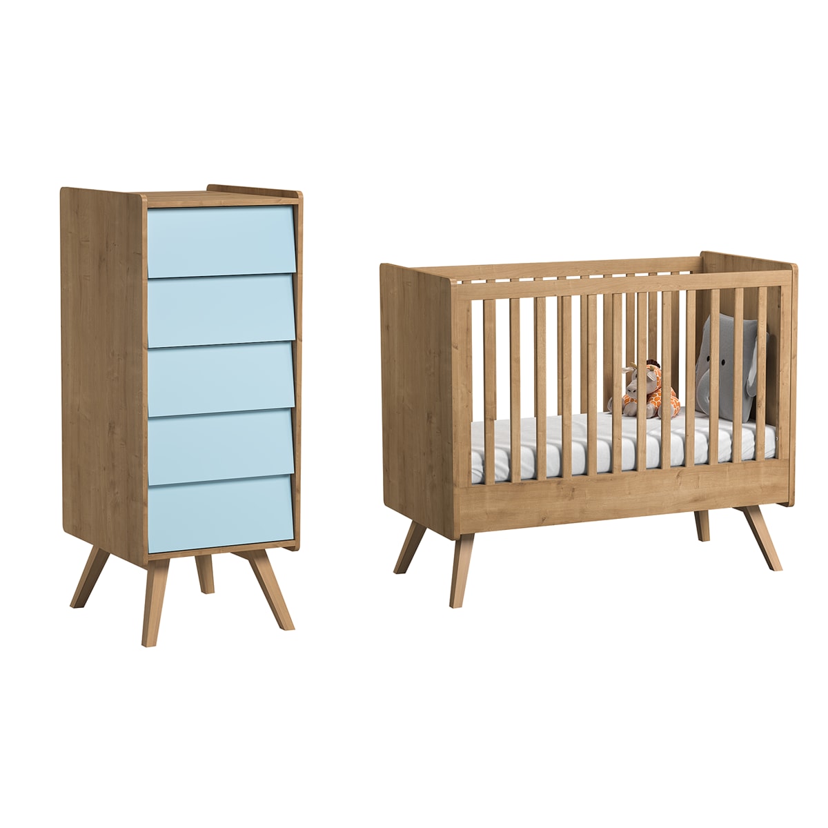 Chambre bébé : Duo - Lit bébé 60x120 chiffonnier naturel bleu