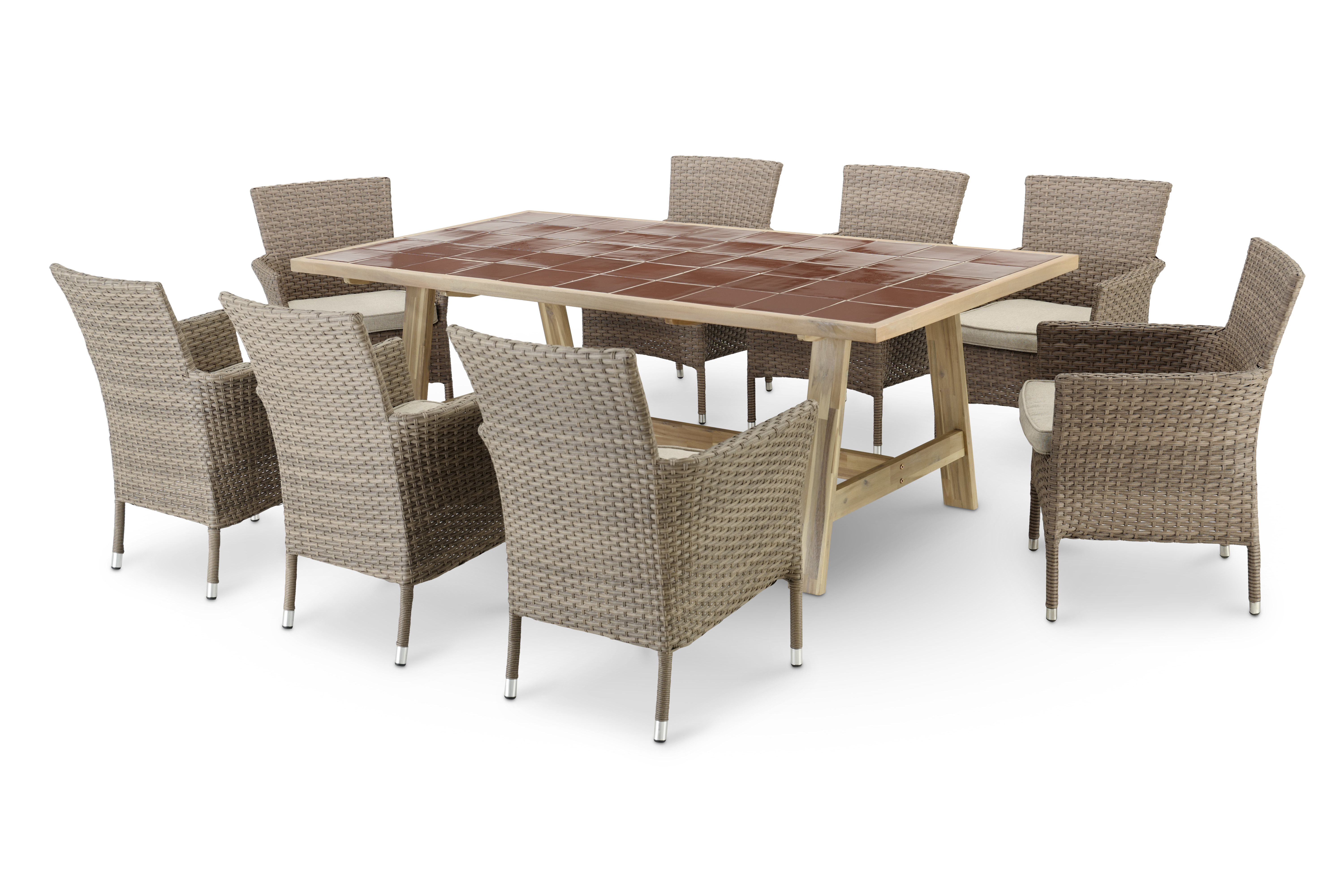 Table en céramique terre cuite 205x105 et 8 chaises empilables rotin