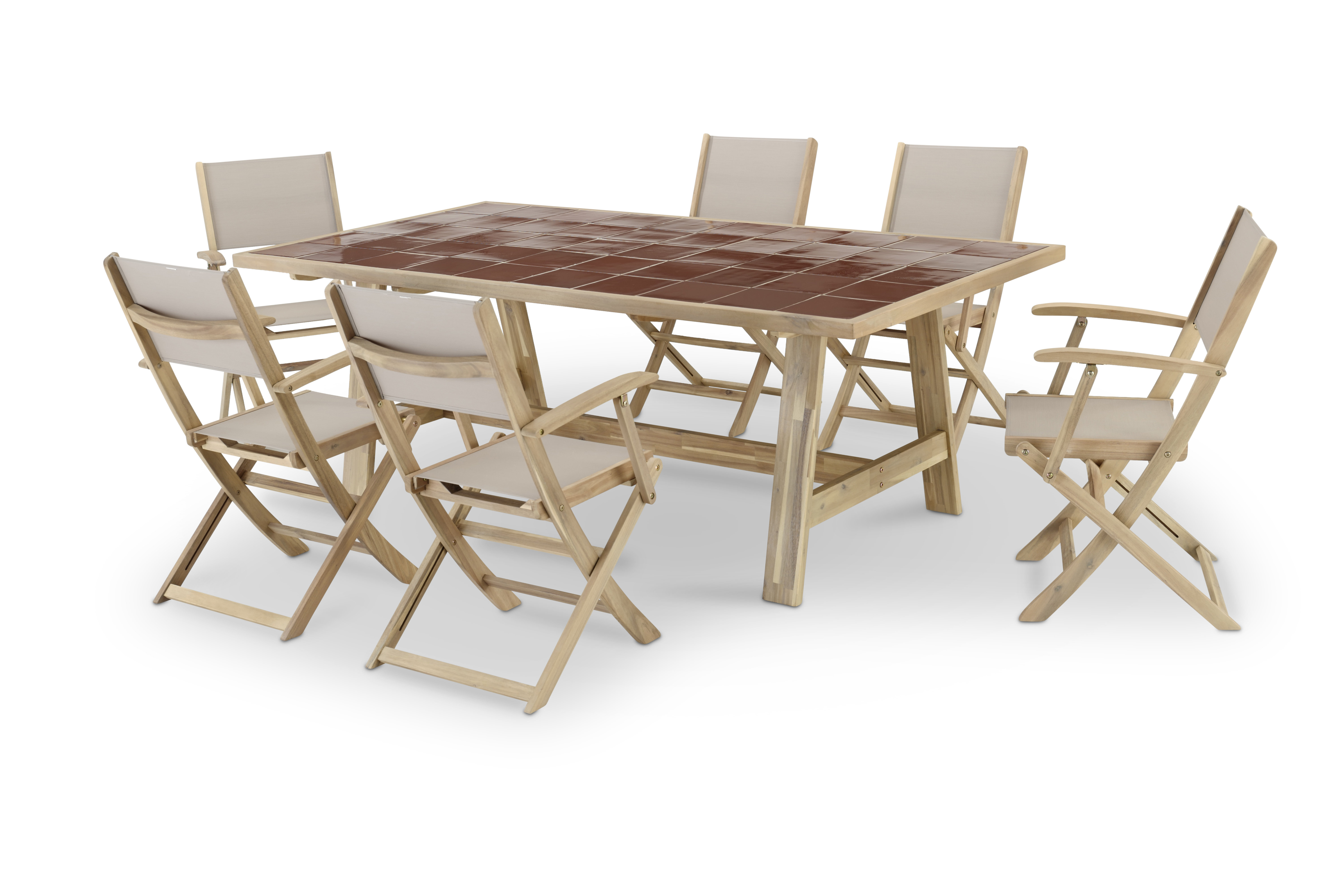 Table en céramique terre cuite 205x105 et 6 chaises textilene beige