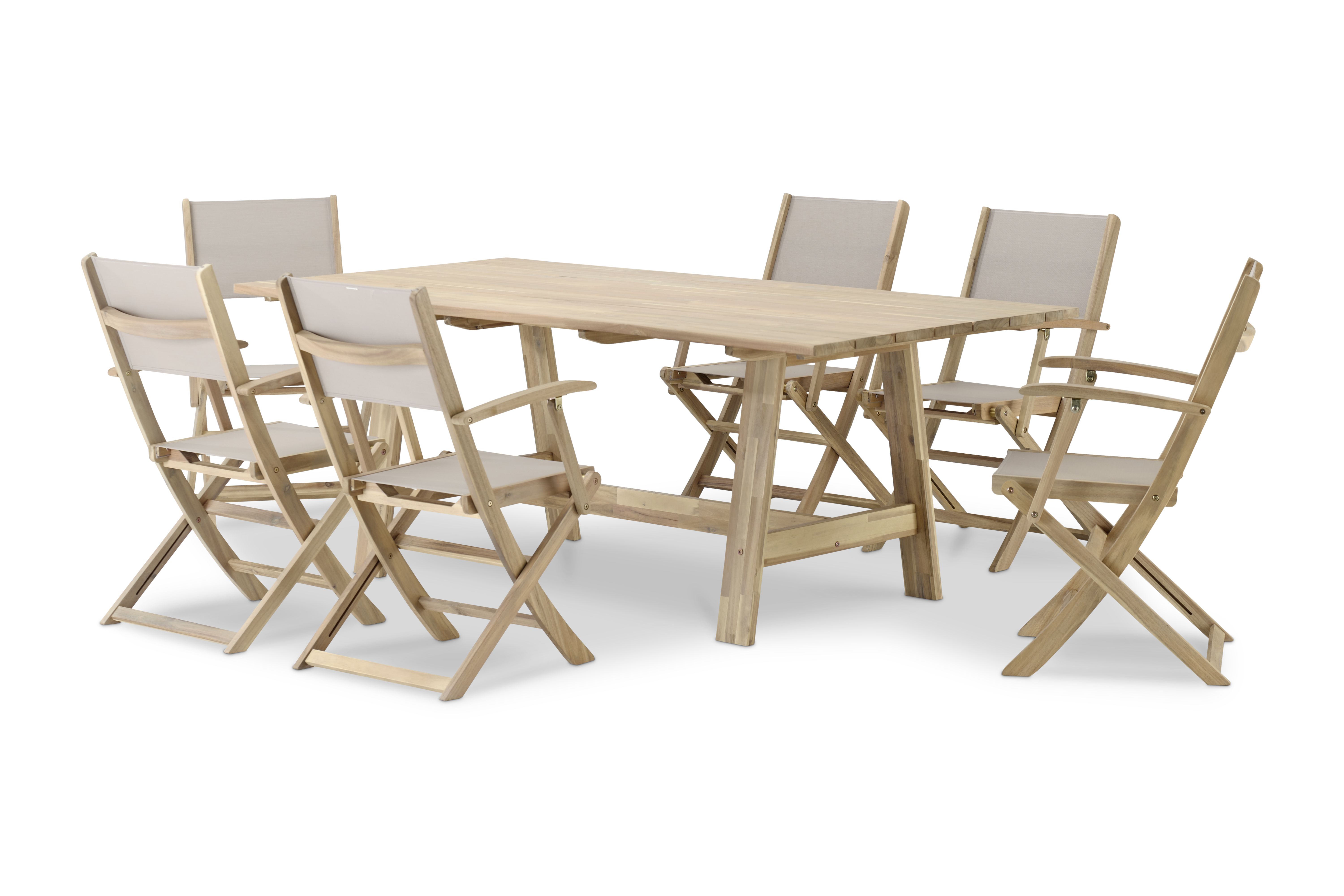 Table lattes 200x100 et 6 chaises pliantes textilene beige