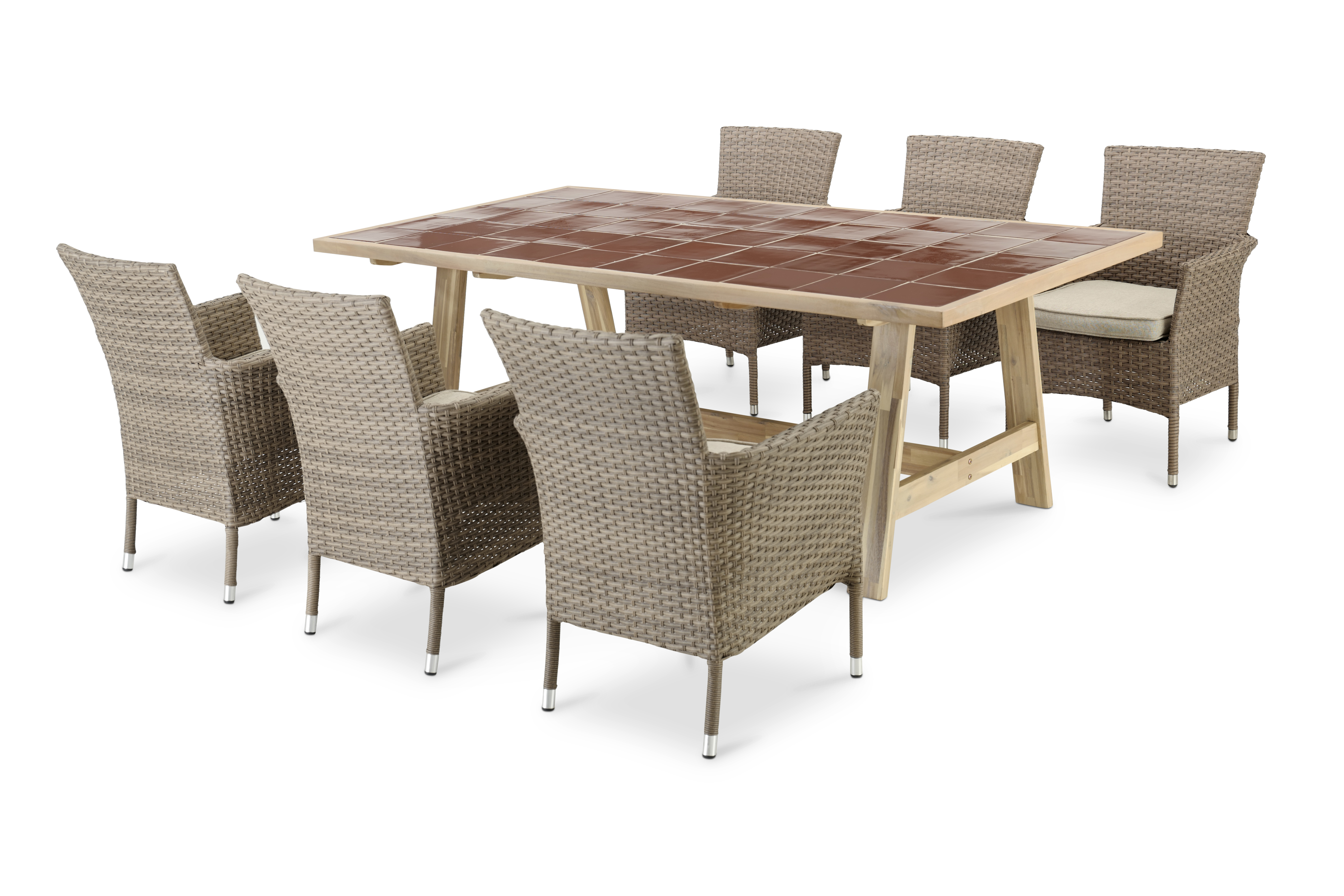 Table en céramique terre cuite 205x105 et 6 chaises empilables rotin