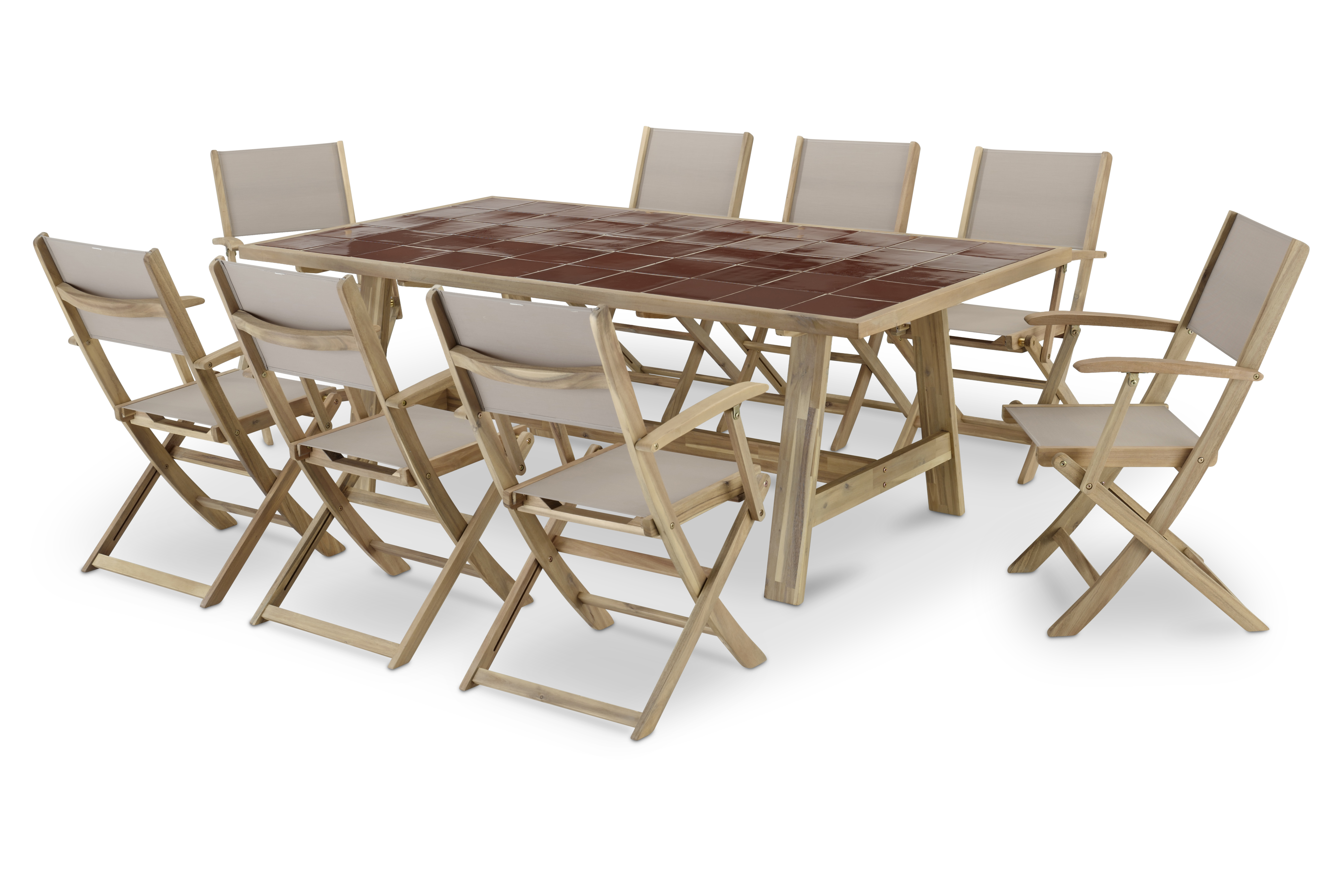 Table en céramique terre cuite 205x105 et 8 chaises textilene beige