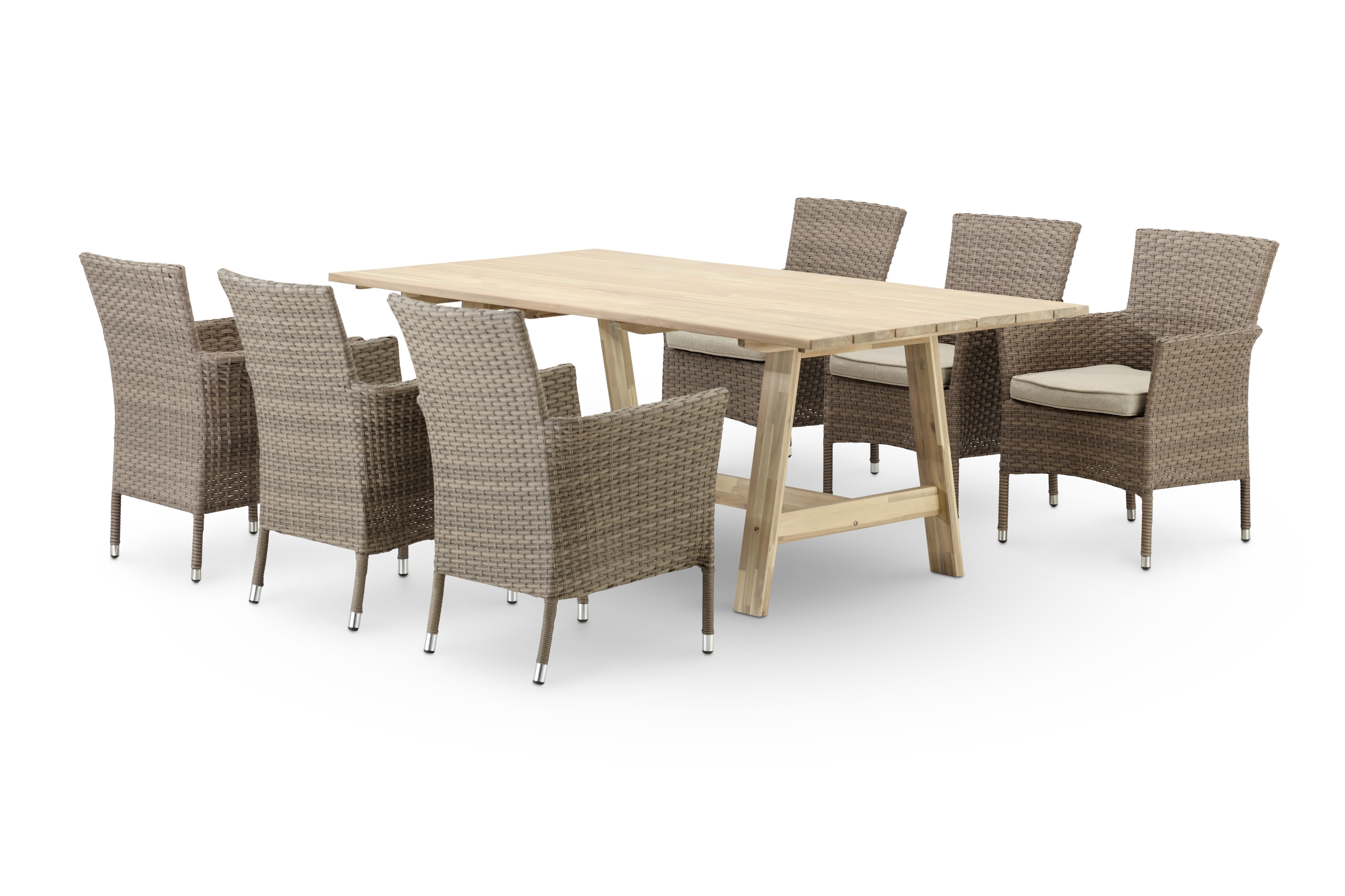 Table lattes 200x100 et 6 chaises empilables en rotin