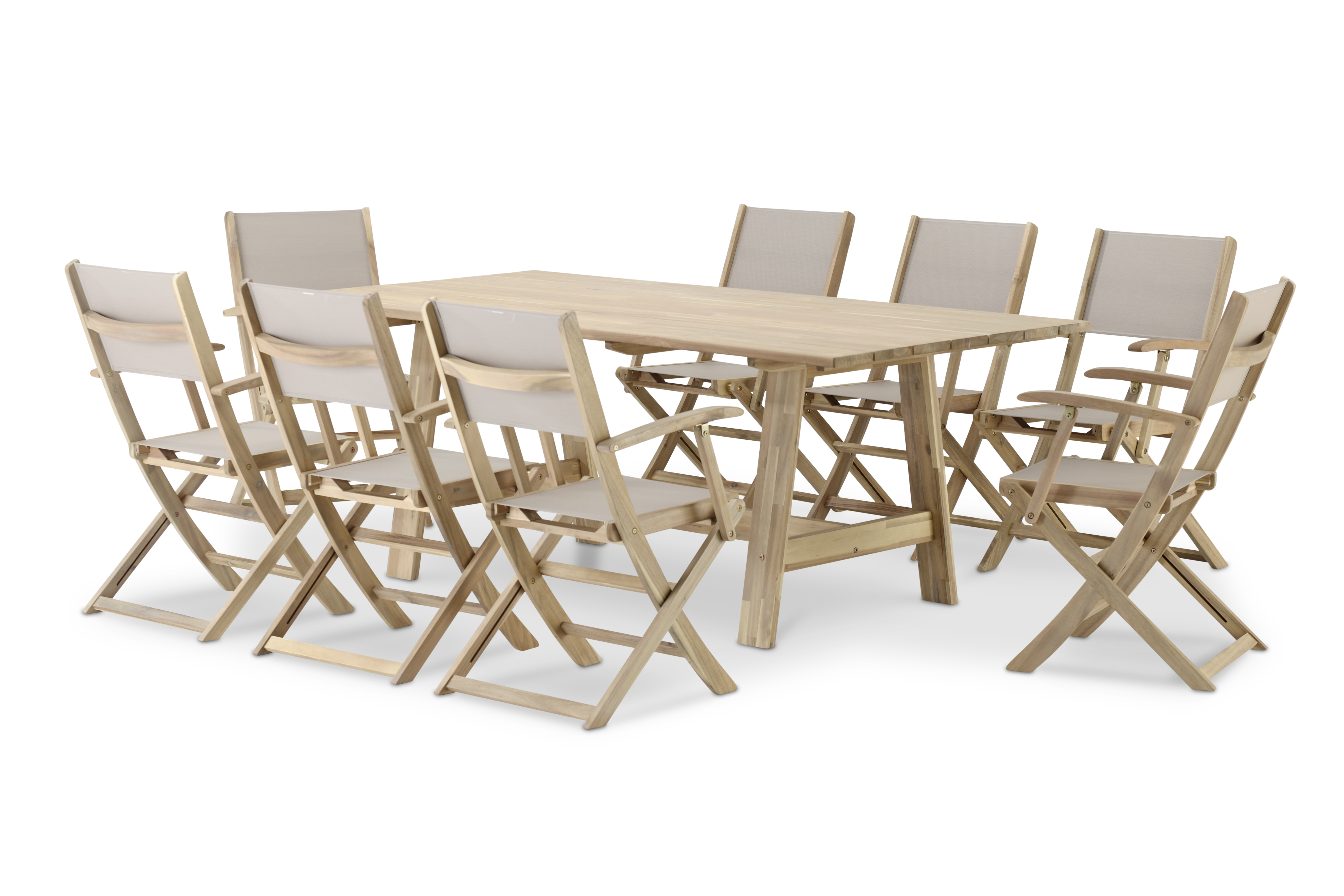 Set table lattes 200x100 et 8 chaises pliantes textilene beige