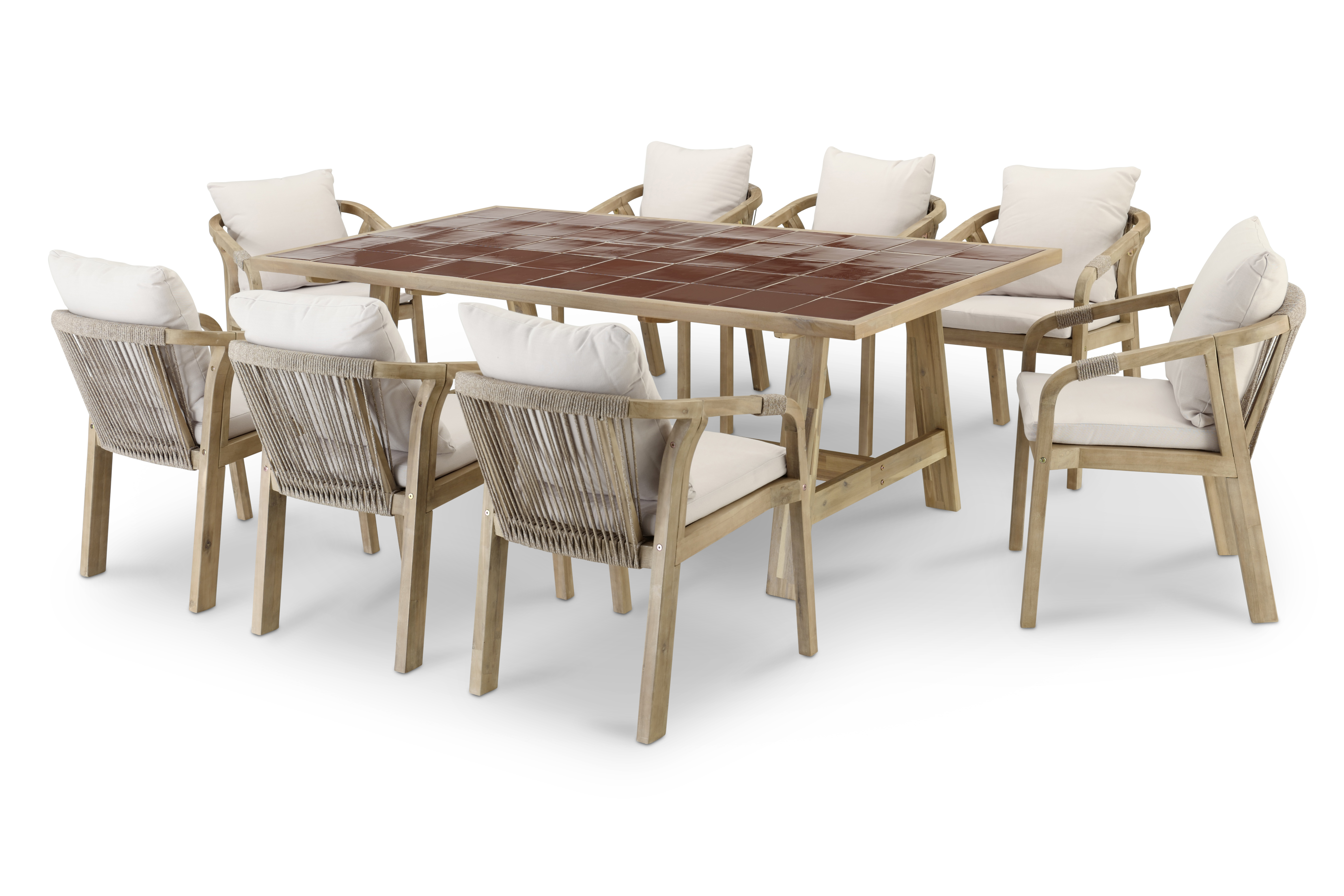 Table en céramique terre cuite 205x105 et 8 chaises en corde beige