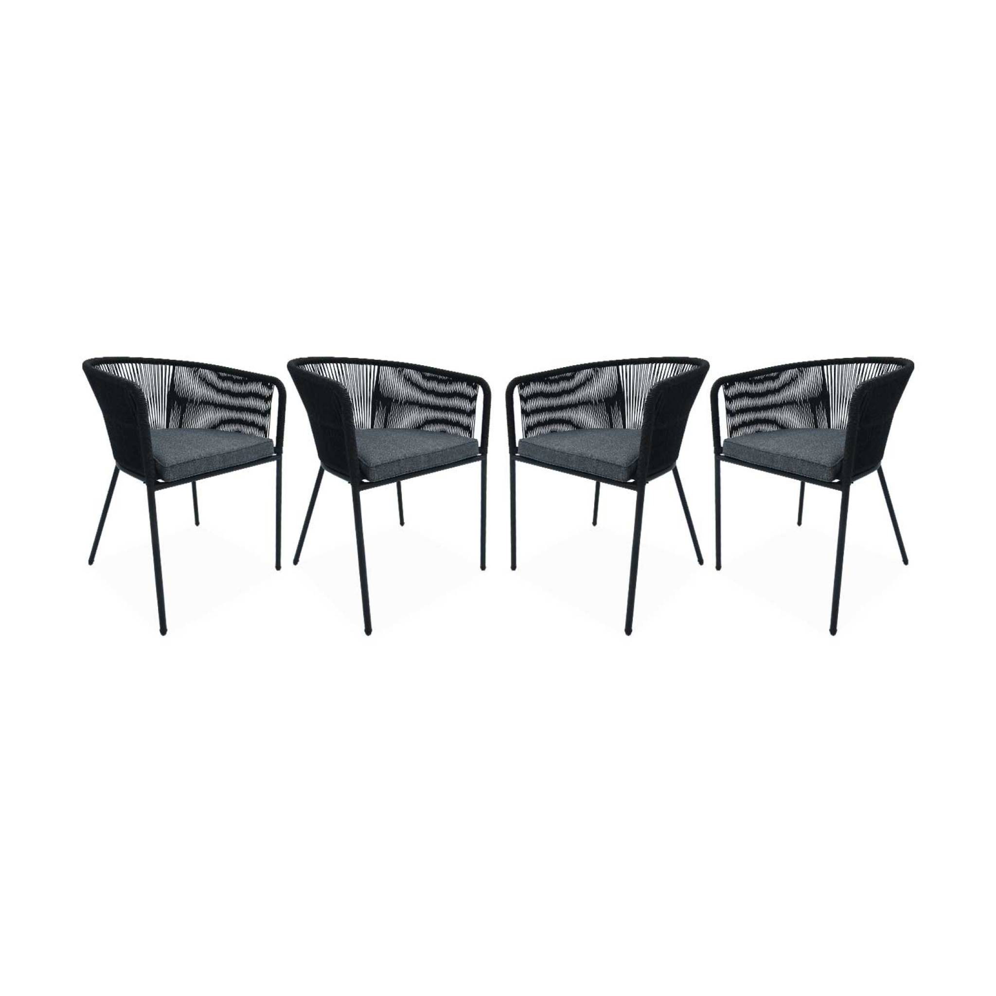 4 fauteuils de jardin, corde noire, coussin gris