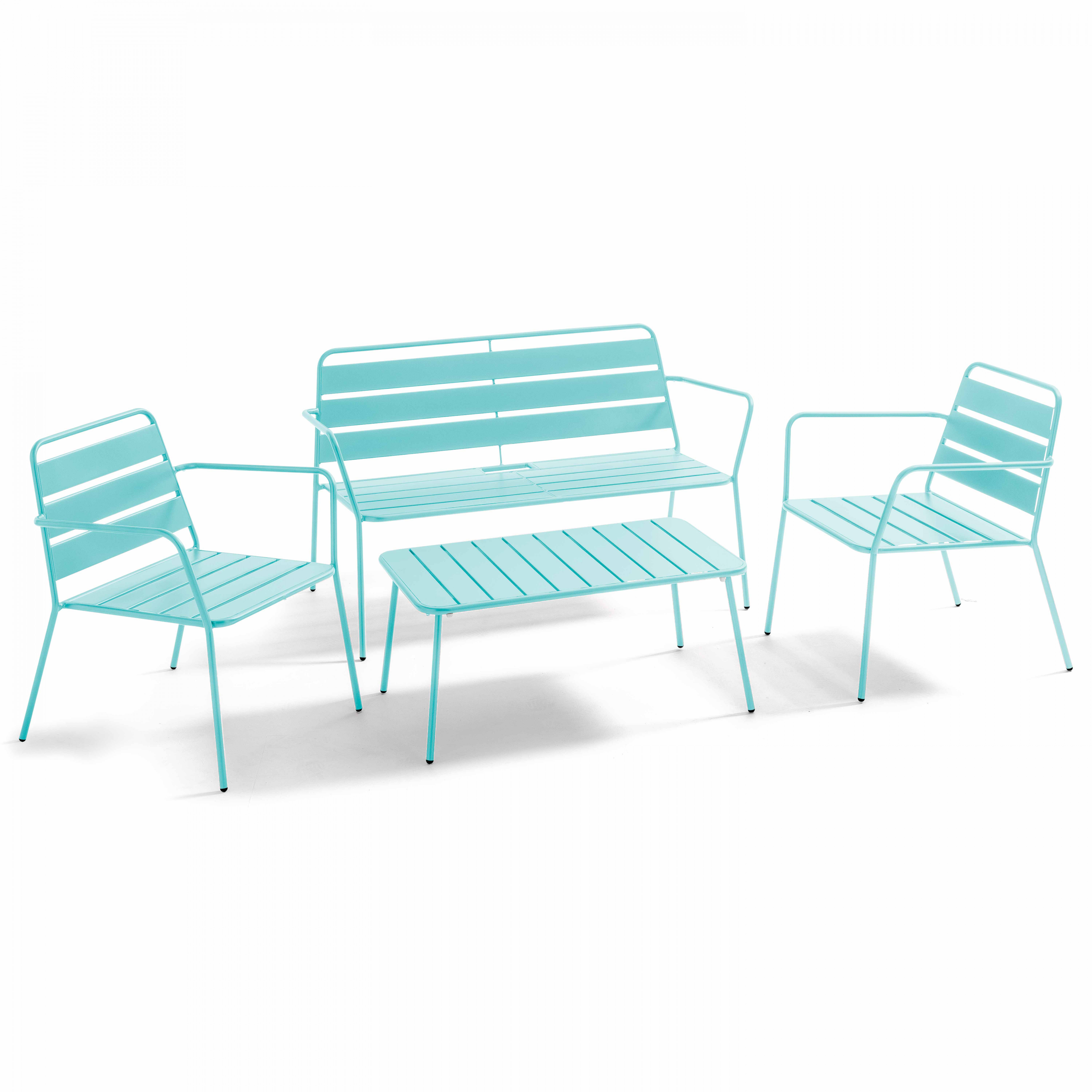 Salon de jardin 4 places et 1 table basse en acier turquoise