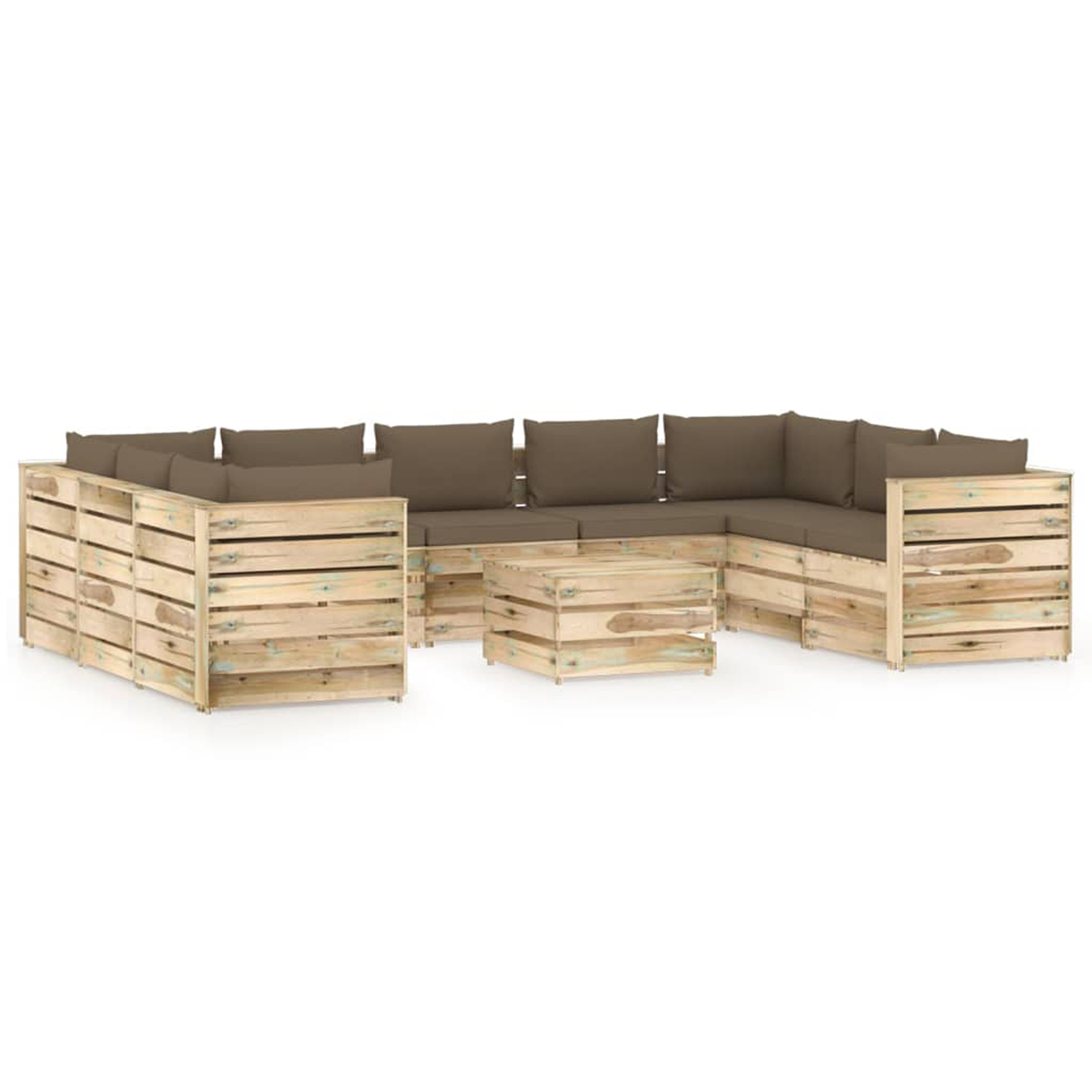 Salon détente en palette avec coussins colorés bois taupe