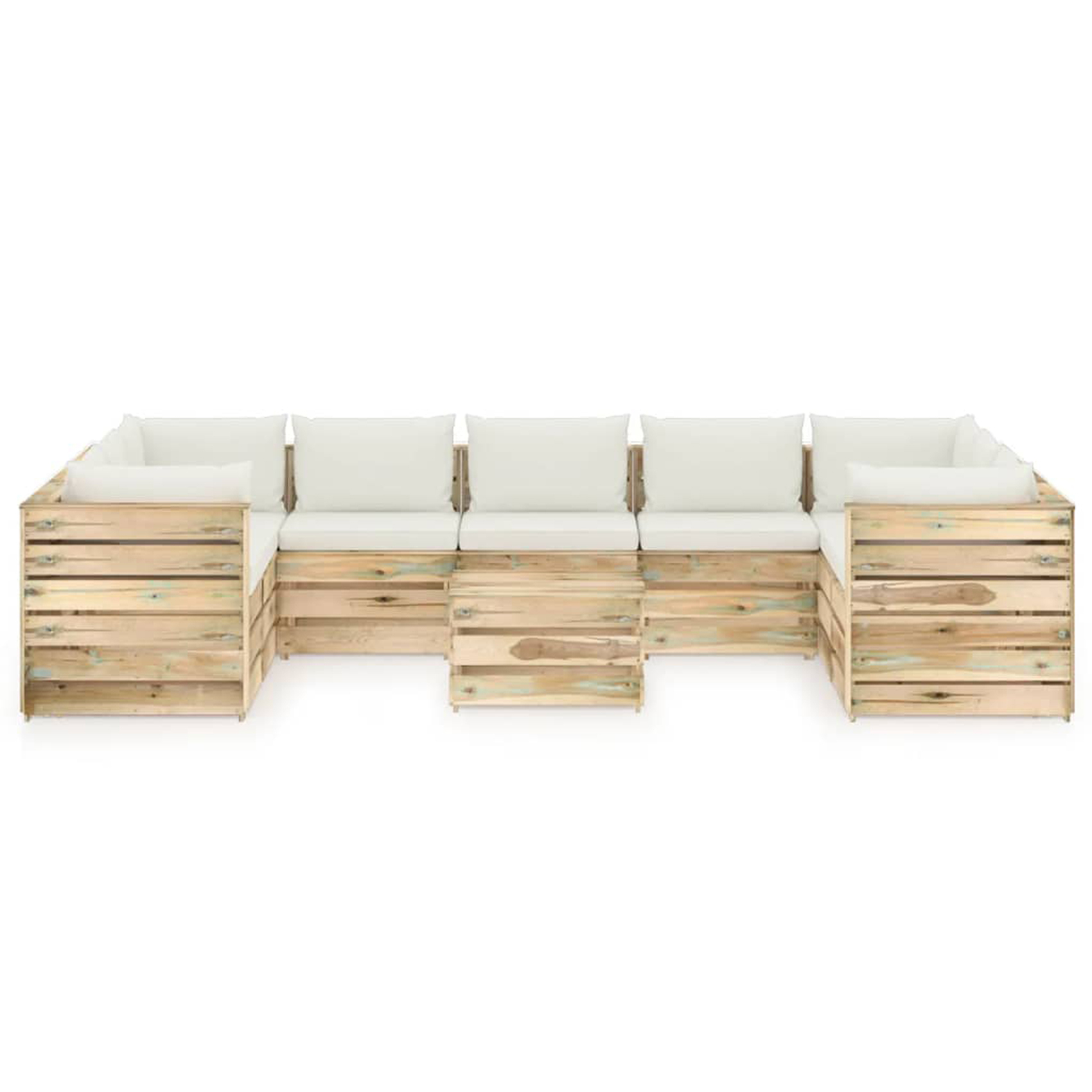 Salon détente en palette avec coussins colorés bois blanc cassé