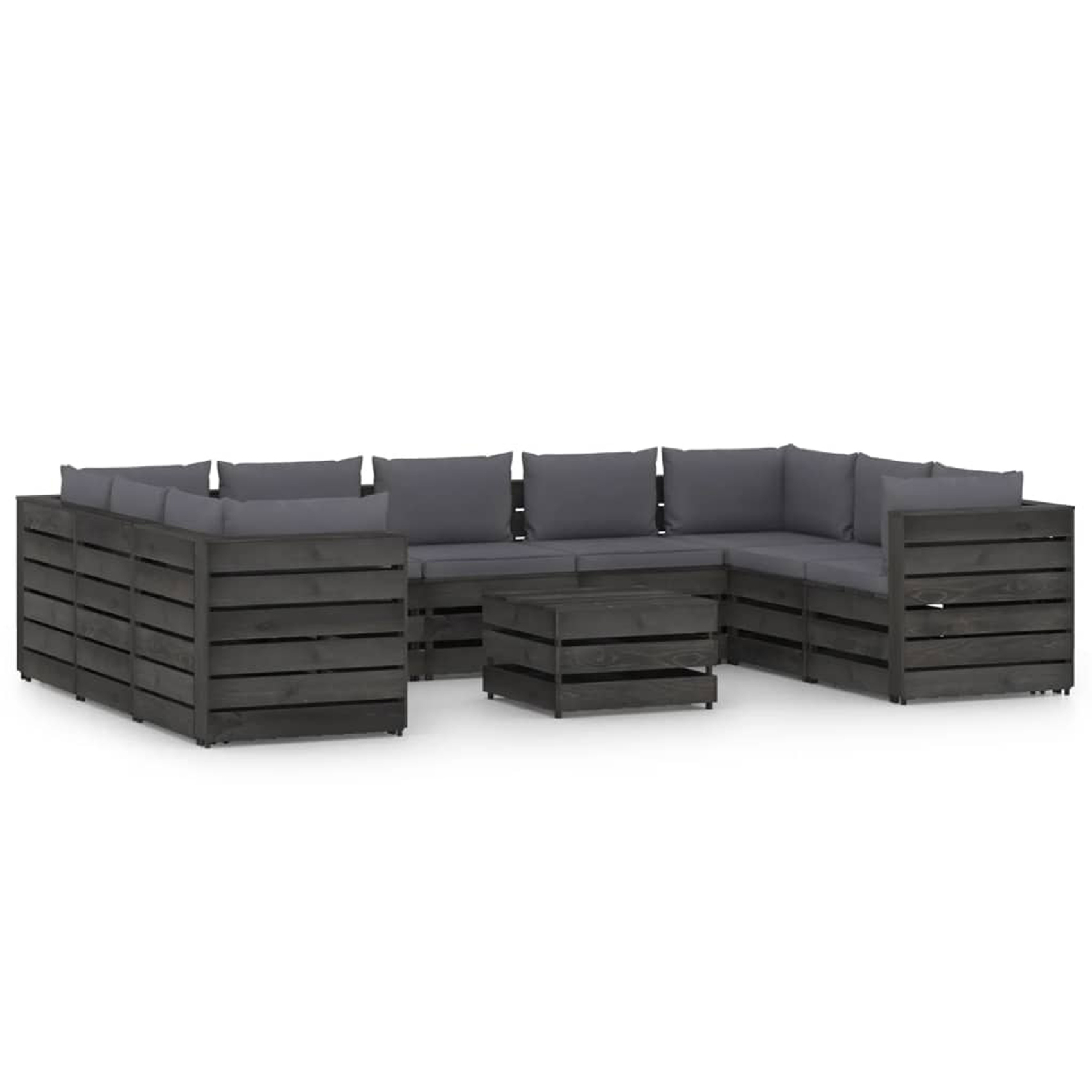 Salon détente en palette avec coussins colorés bois noir/gris