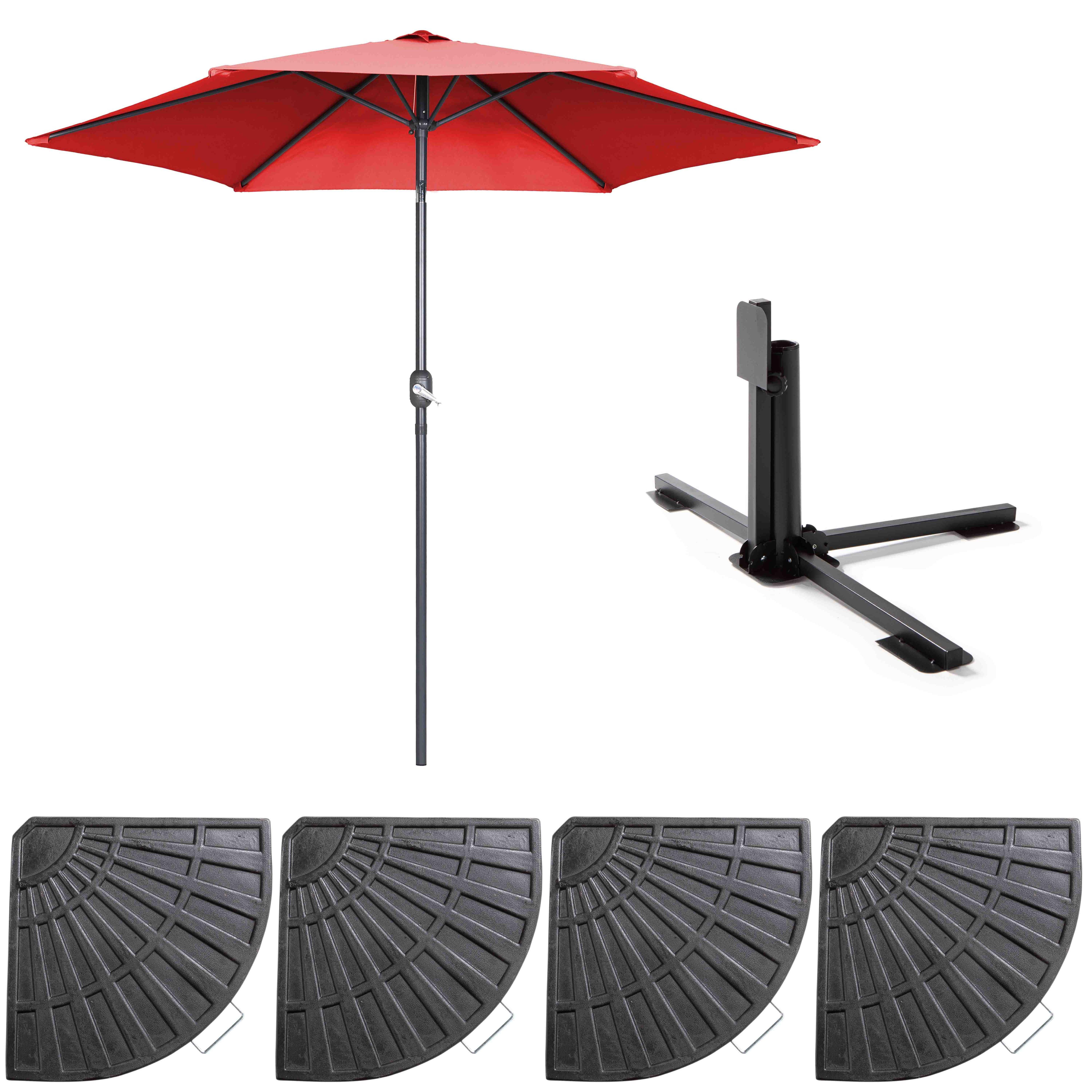 Parasol droit inclinable 3m et 4 dalles lestées aluminium rouge