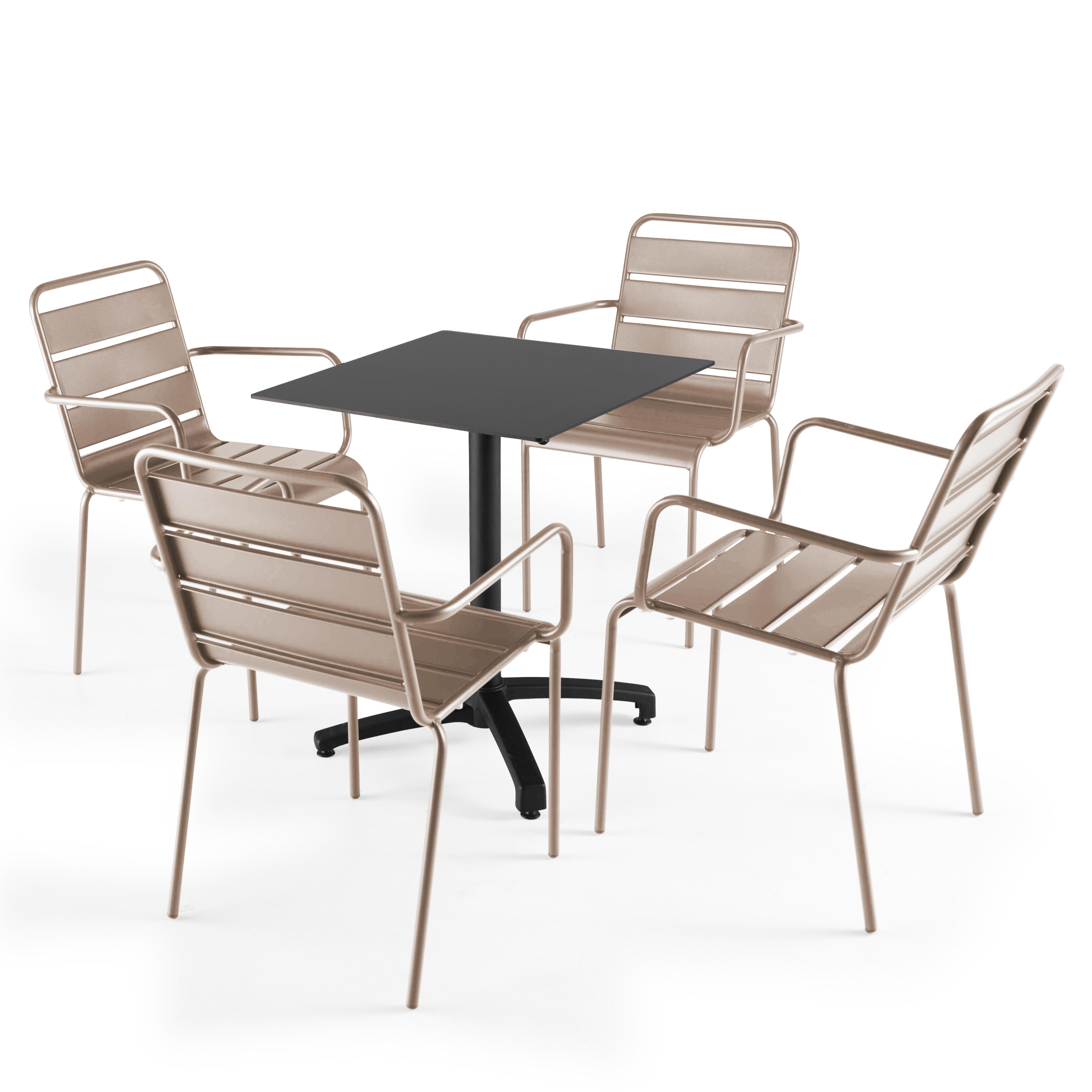 Ensemble table de jardin stratifié noir et 4 fauteuils taupe