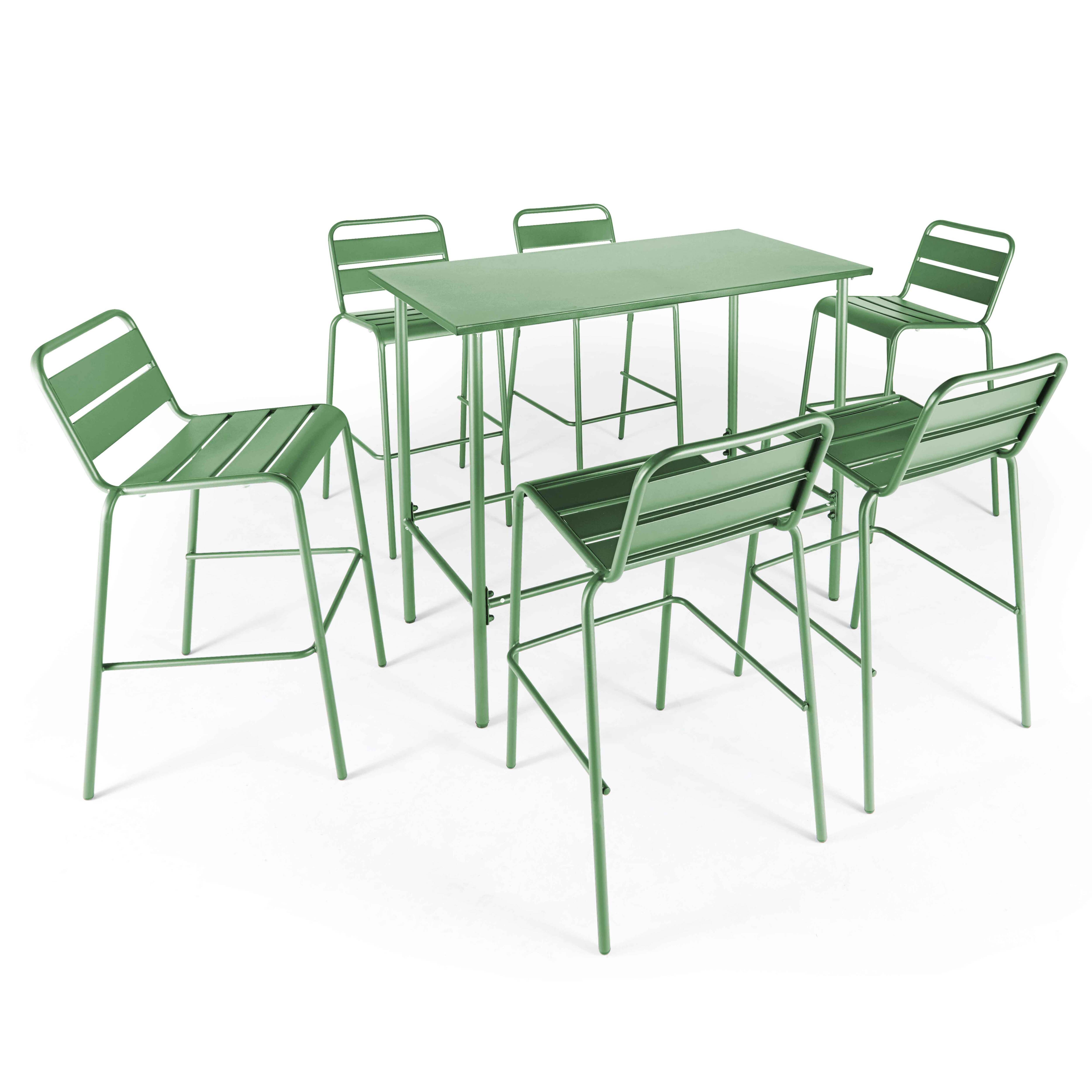 Ensemble table haute de jardin et 6 chaises en métal vert cactus