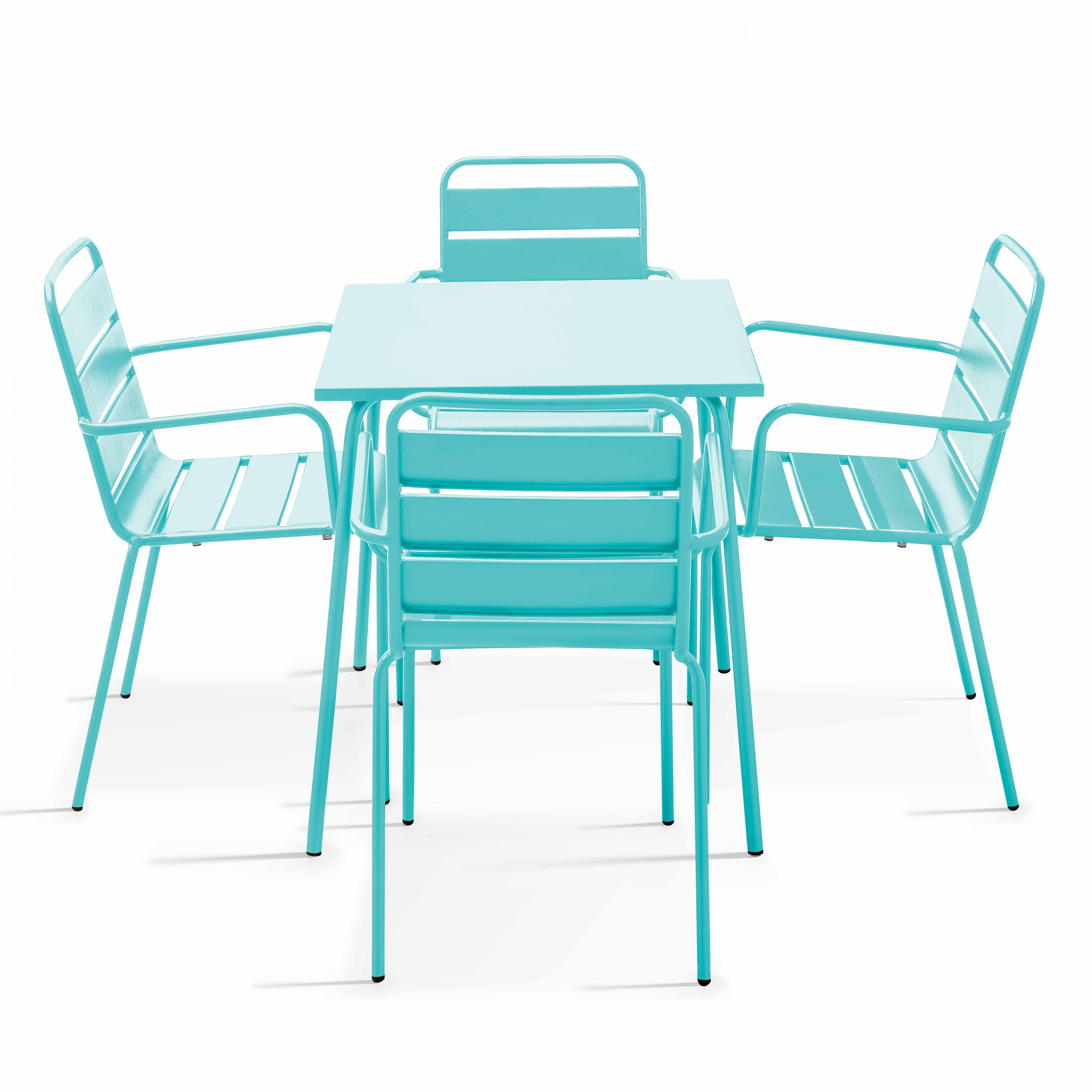 Ensemble table de jardin carrée et 4 fauteuils acier turquoise