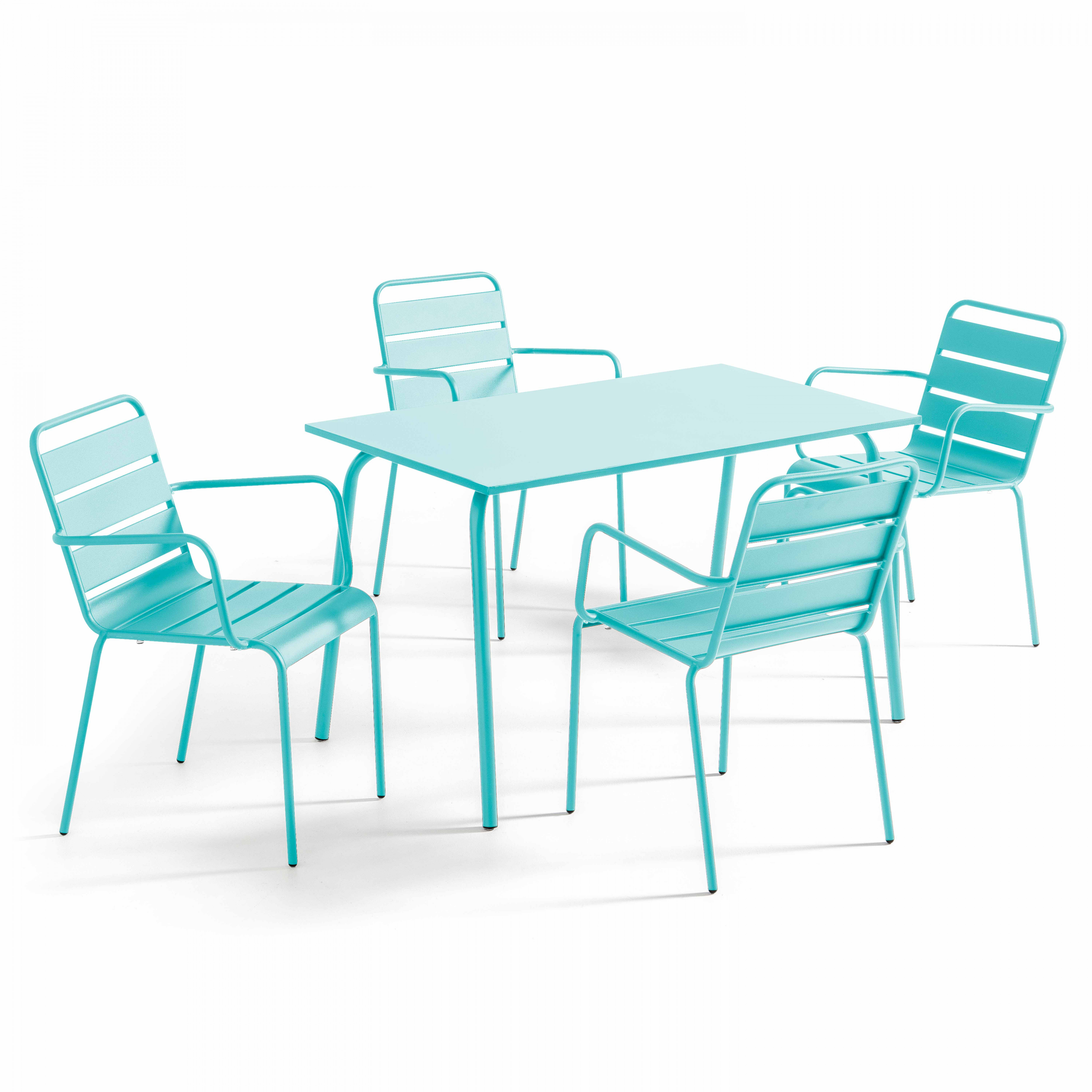 Ensemble table de jardin et 4 fauteuils en métal turquoise