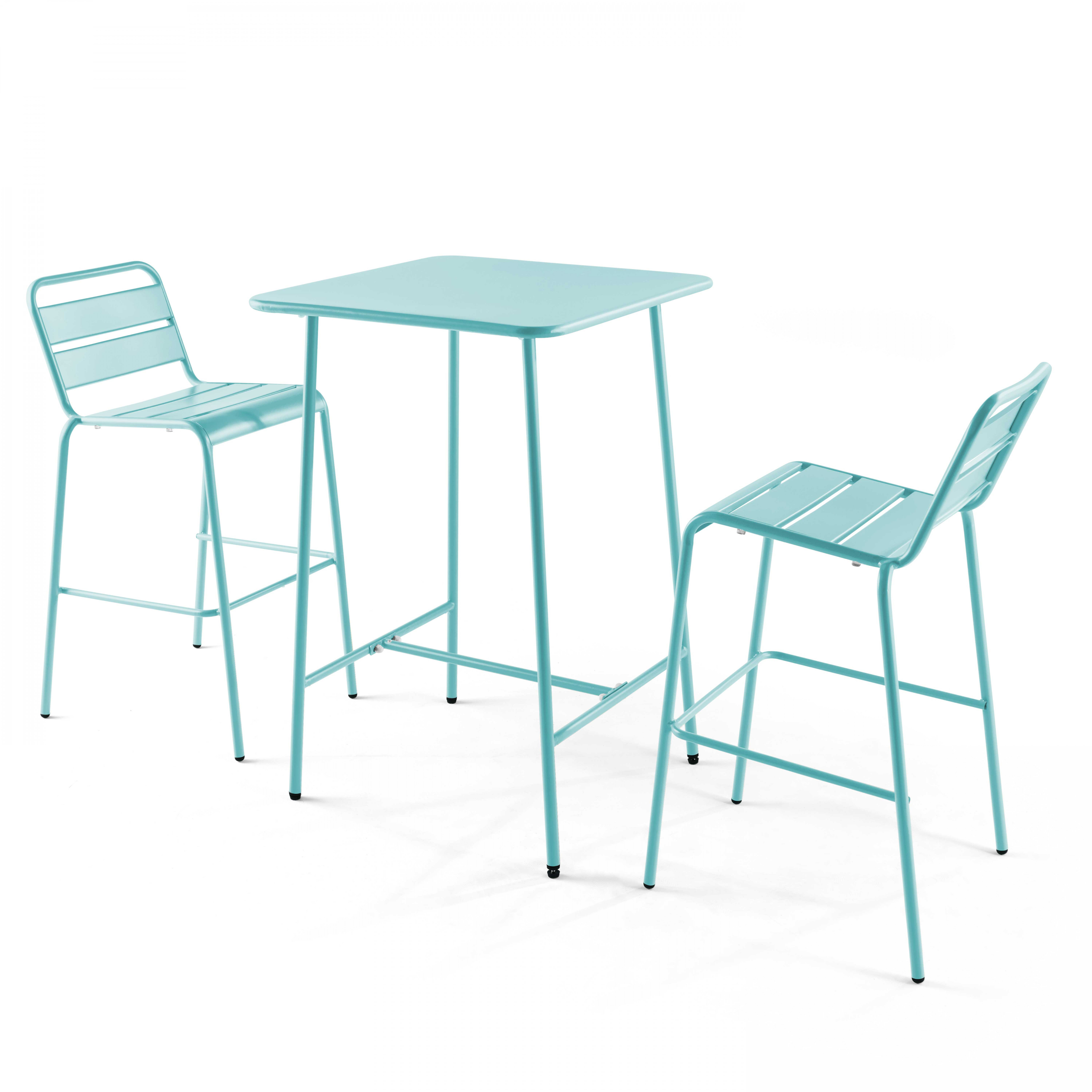 Ensemble table de bar et 2 chaises hautes en métal turquoise