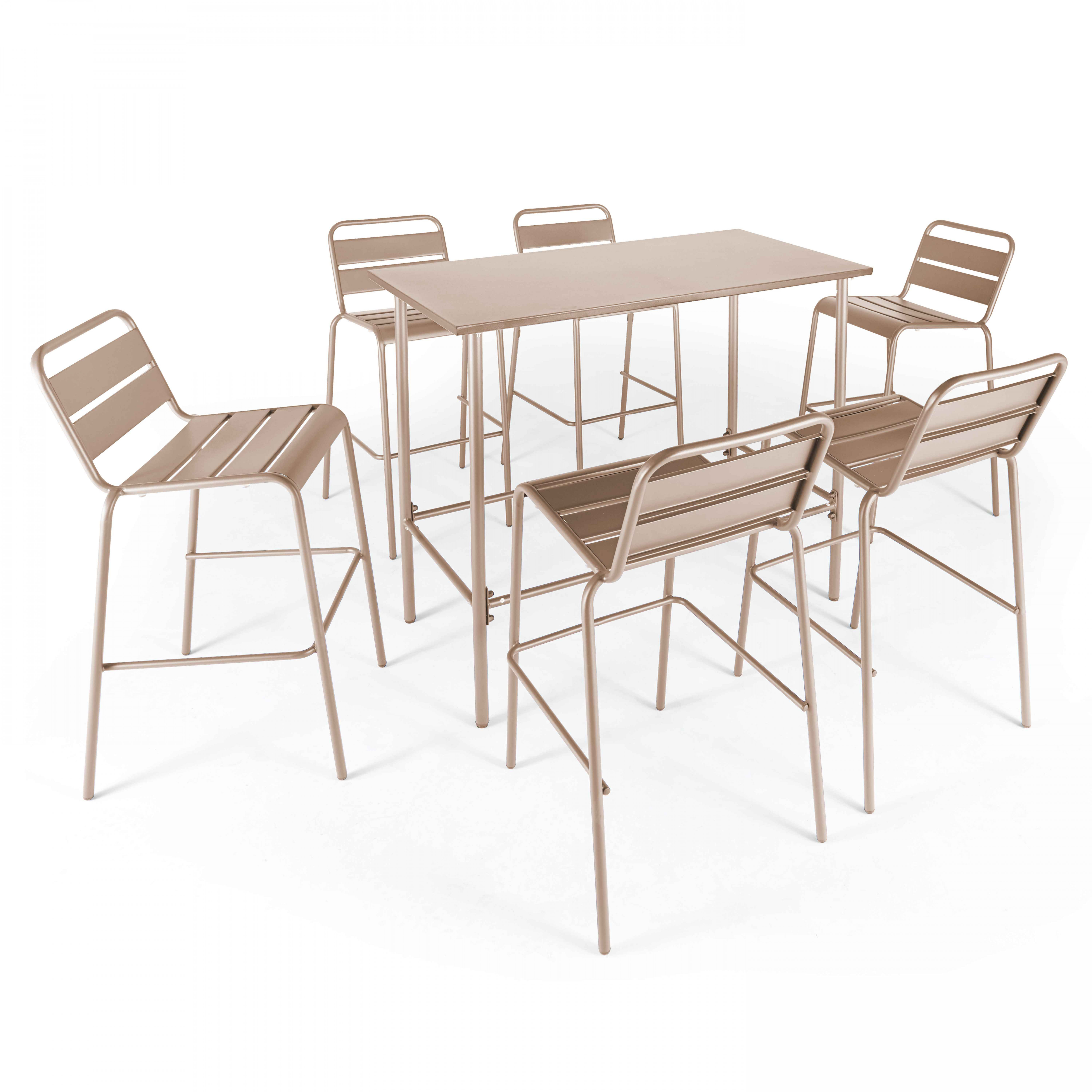 Ensemble table haute de jardin et 6 chaises en métal taupe