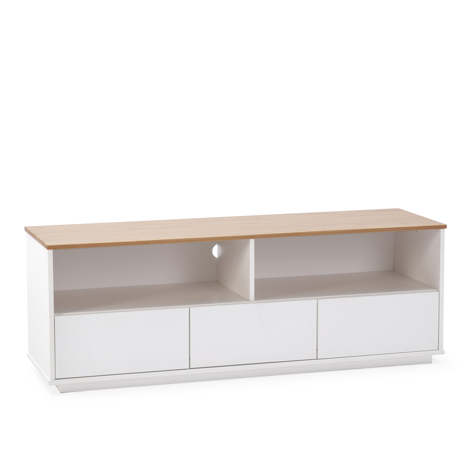Meuble tv 3 tiroirs 2 niches blanc/chêne, bois massif