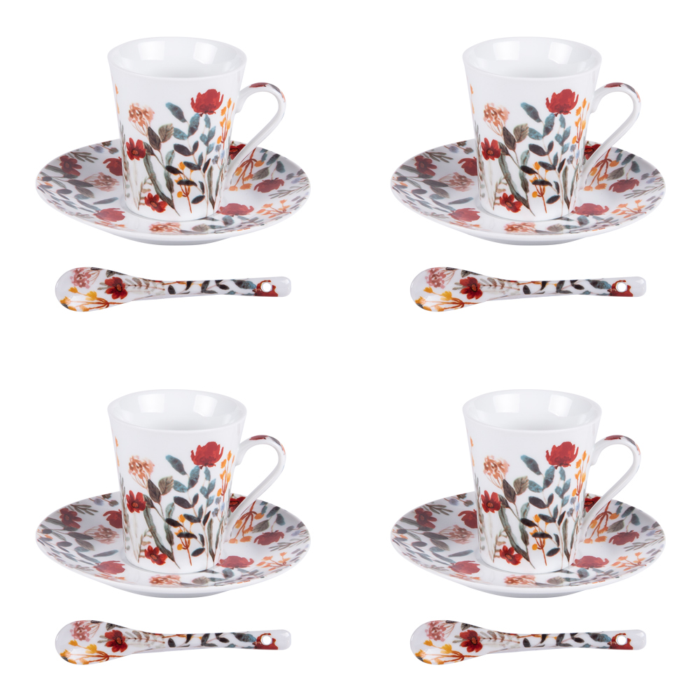 coffret 4 tasses avec cuillères 16 cl   décoré en porcelaine h8