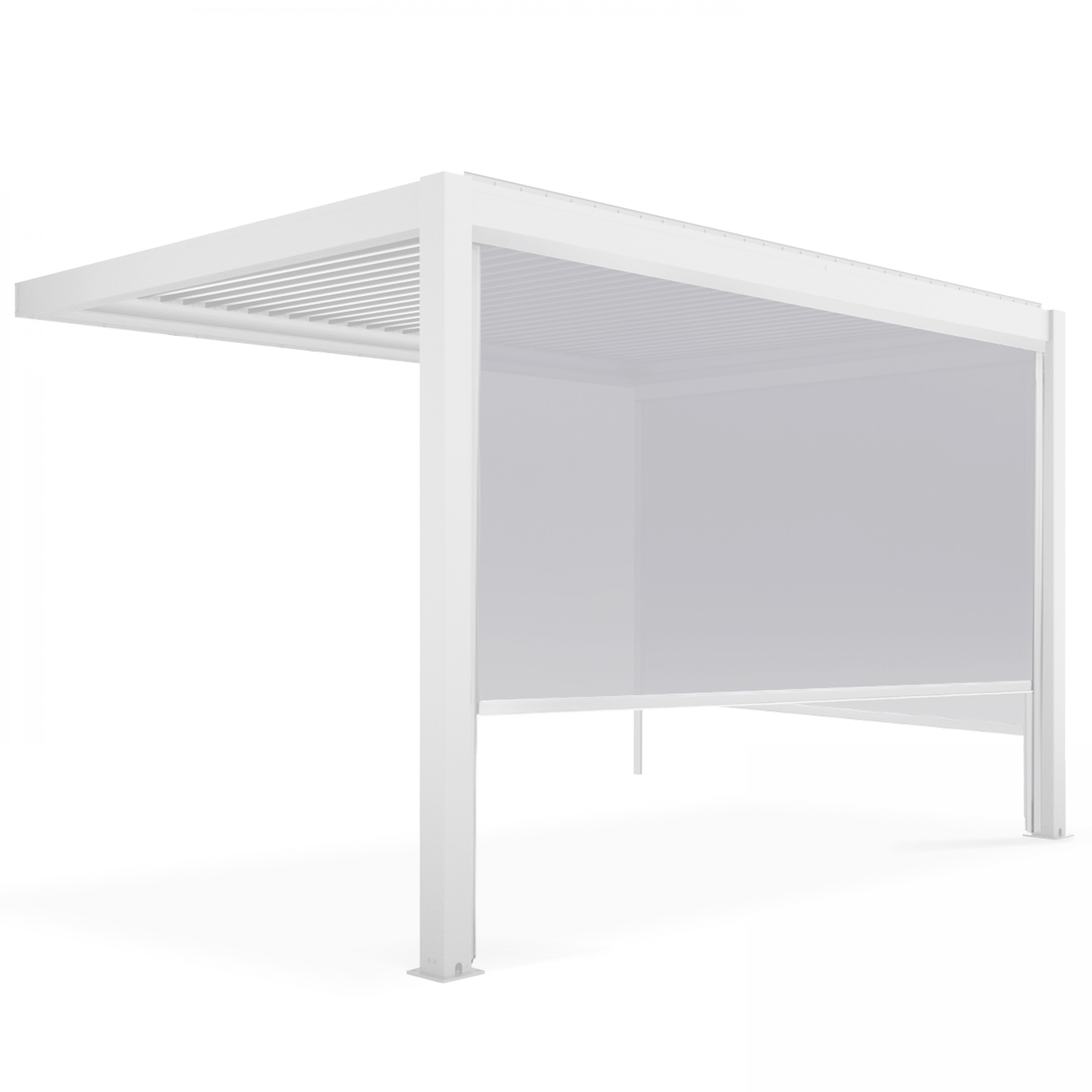 Pergola bioclimatique adossée blanche 3x4m et 2 stores