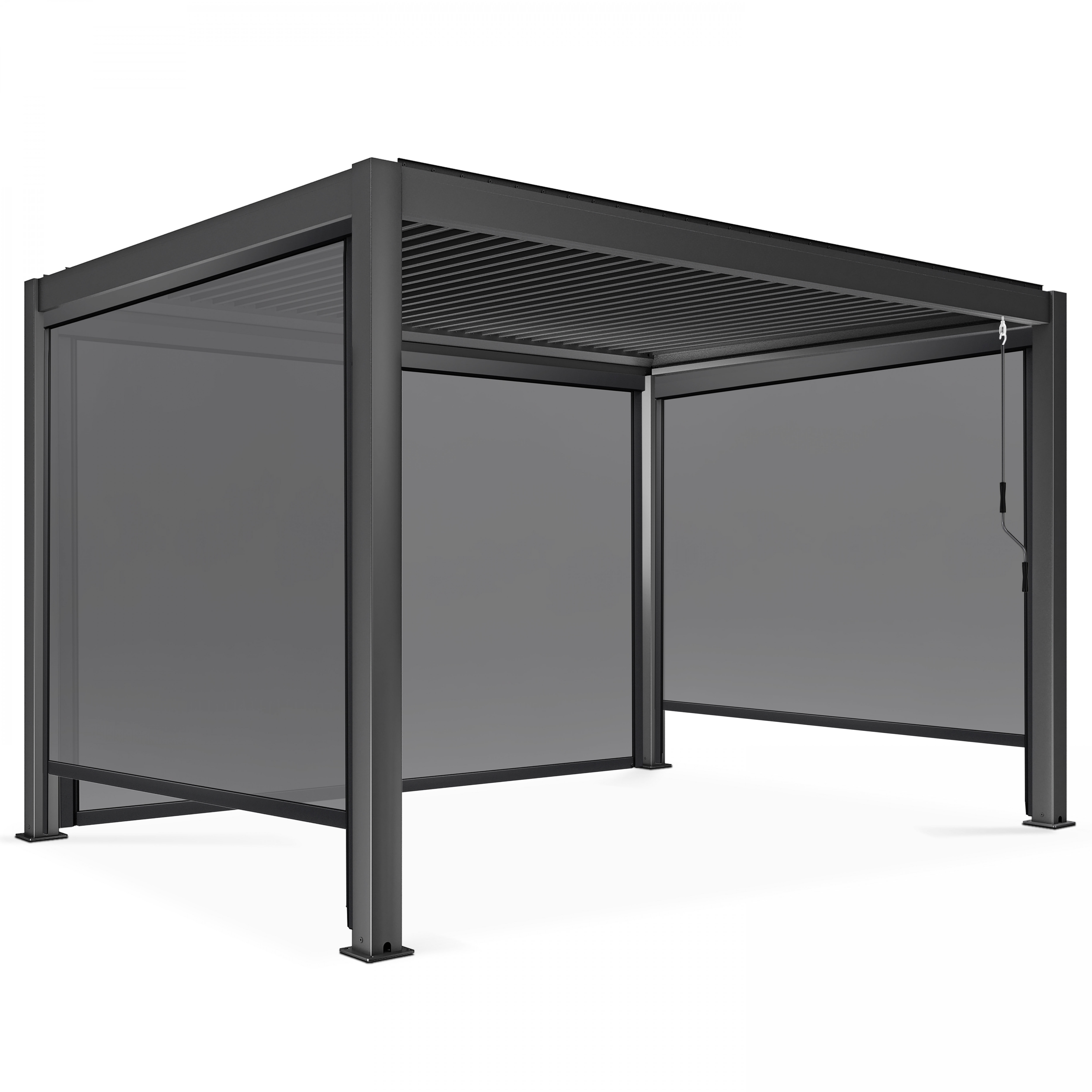 Pergola bioclimatique 3 x 4 m autoportée avec 3 stores gris