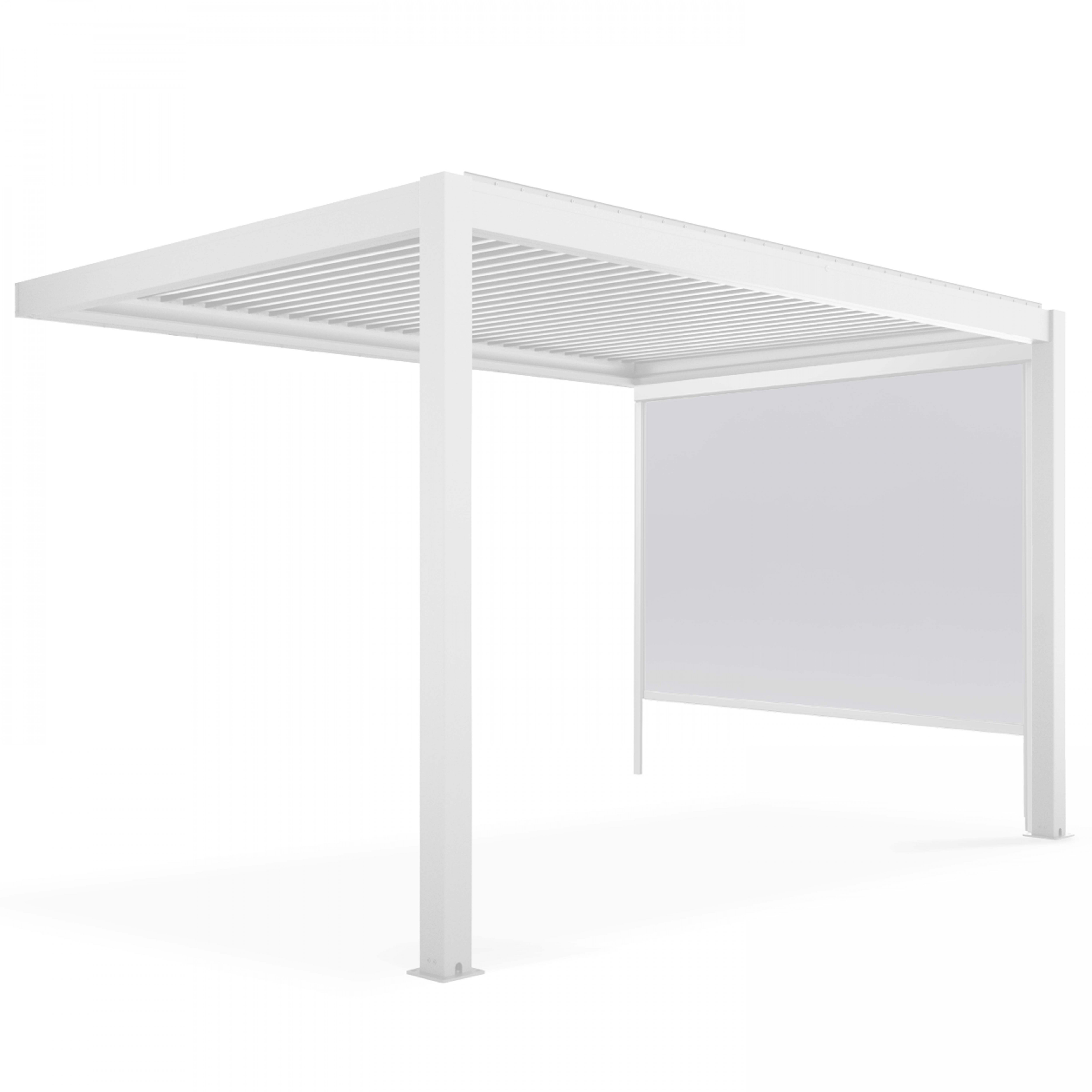 Pergola bioclimatique adossée blanche 3x4m et 1 Store 2,66 x 2,34 m