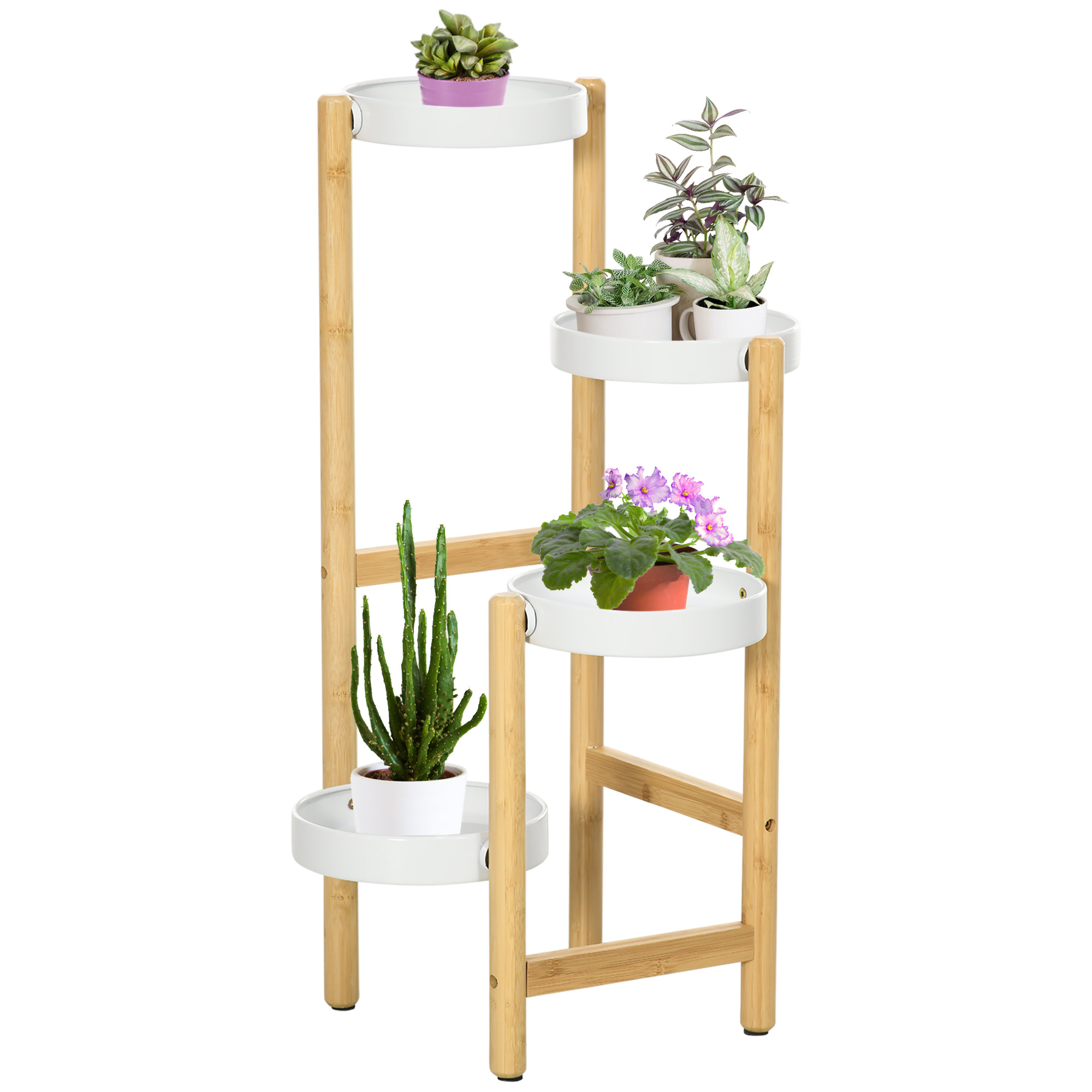 Support à fleurs style scandinave 4 niv. bois bambou métal blanc