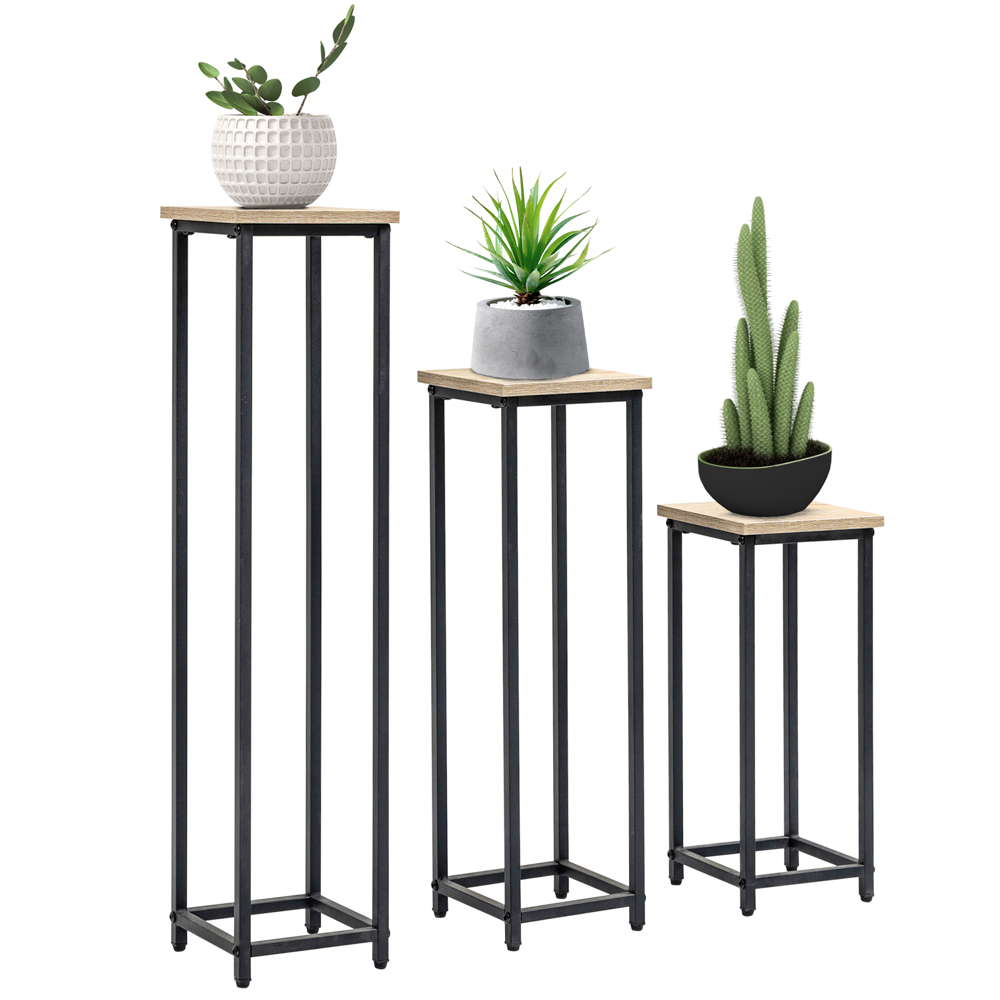 Support pots de fleurs 3 pièces acier noir plateaux aspect bois noyer