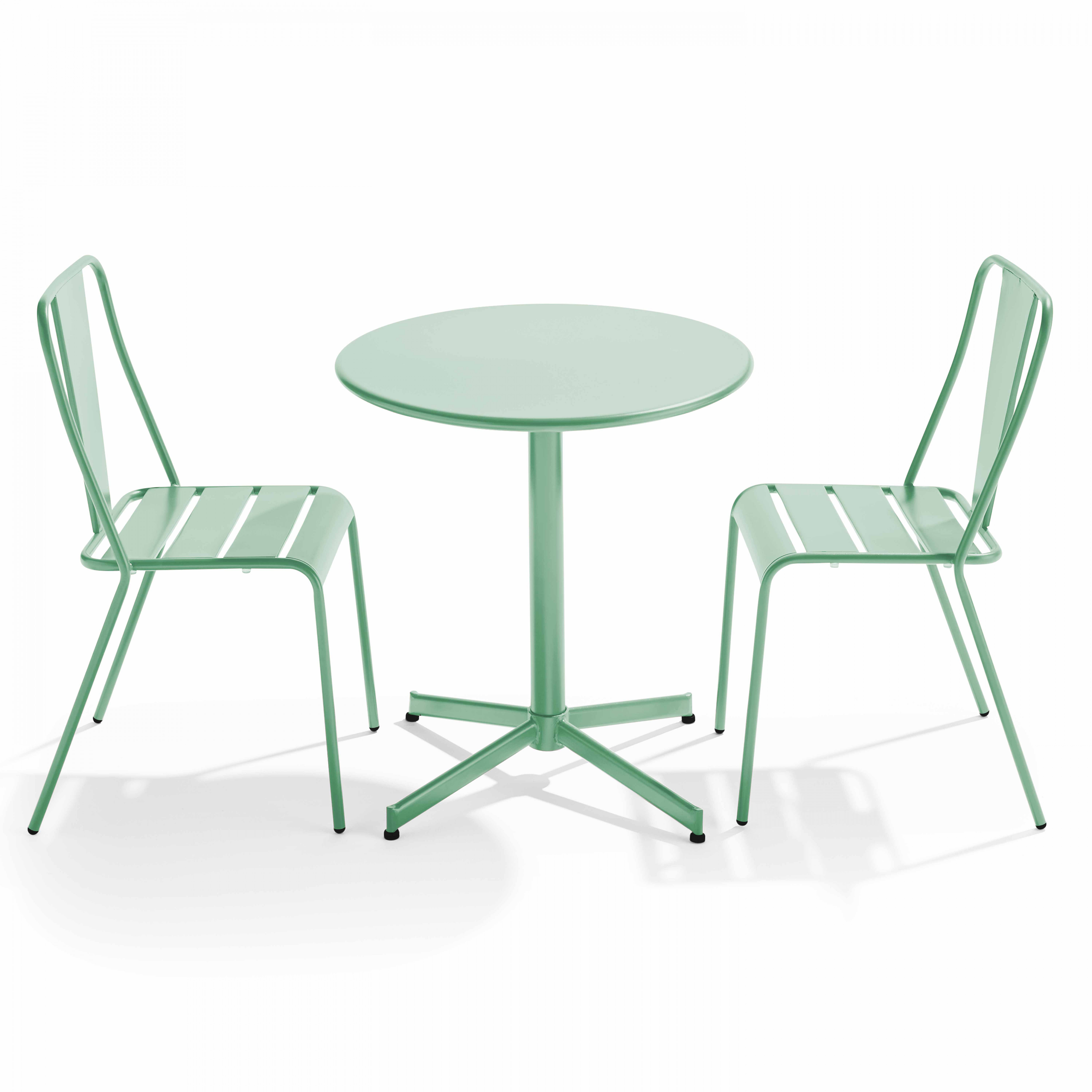 ensemble table ronde et 2 chaises de jardin en métal vert sauge