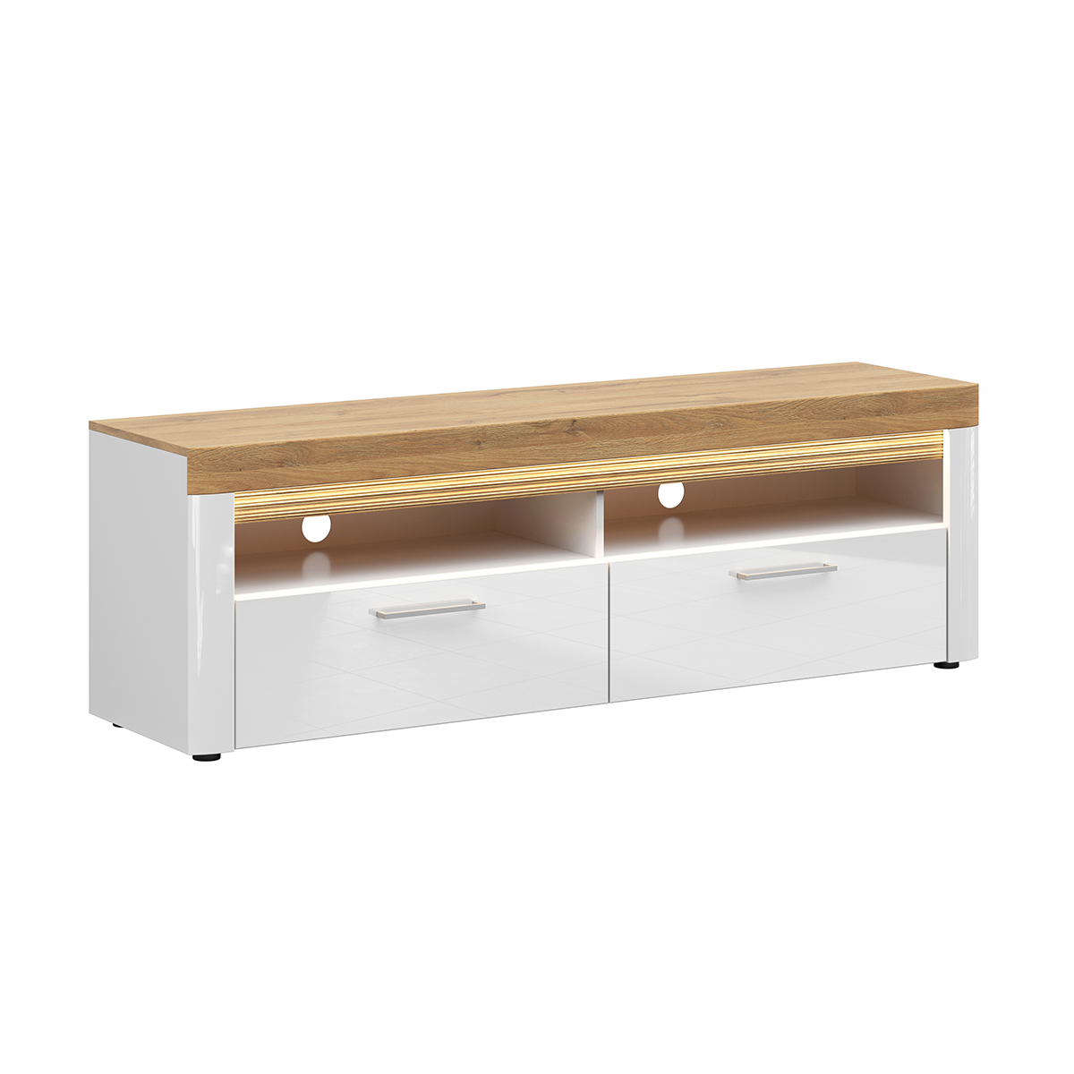 Meuble TV 2 tiroirs 166 cm avec LED stratifiés blanc et bois