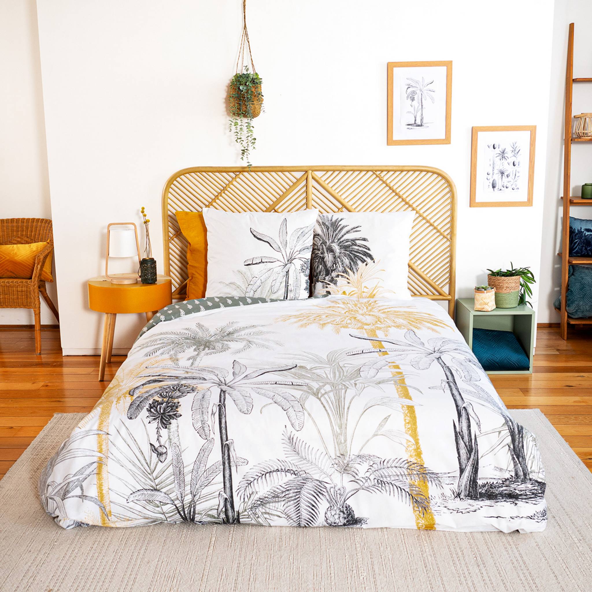 parure de lit réversible imprimé palmiers en coton adouci 260x240cm
