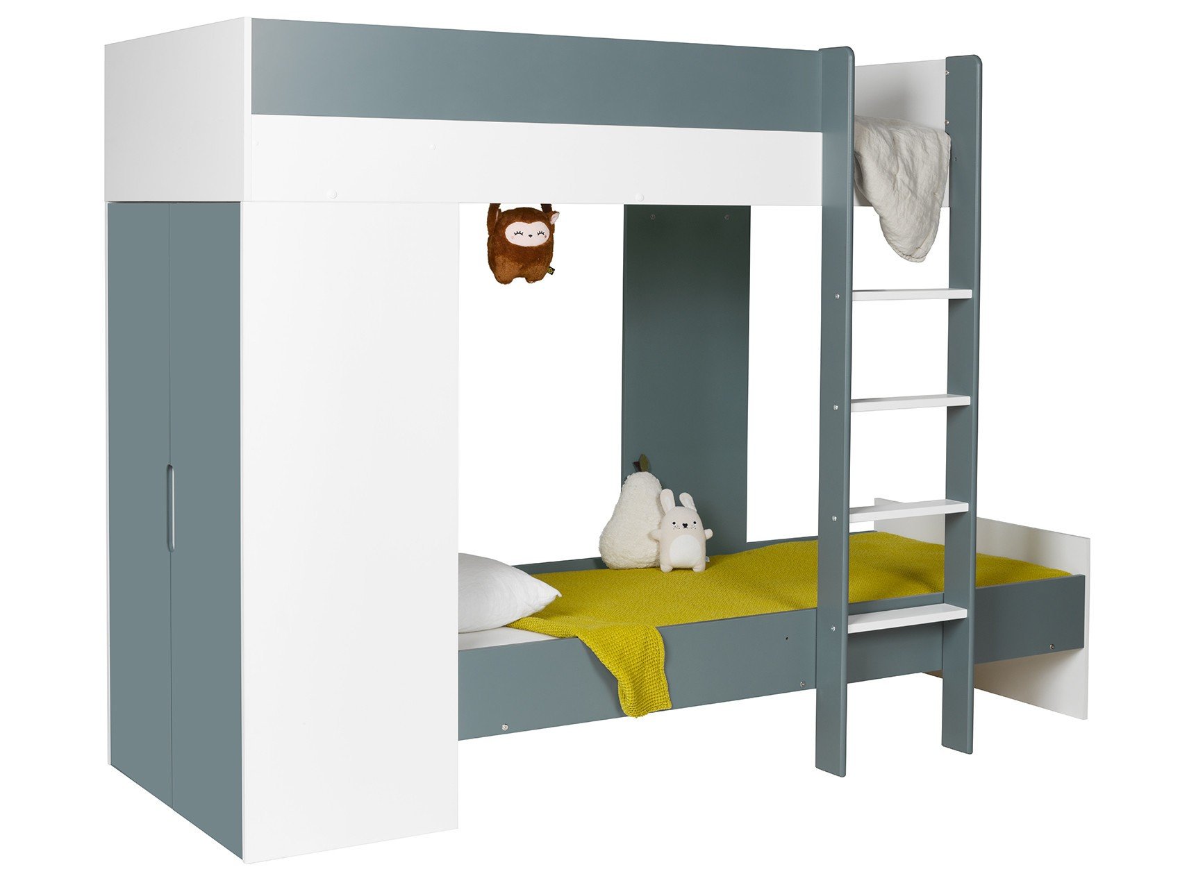 lit superposé avec armoire 90x190 blanc et vert