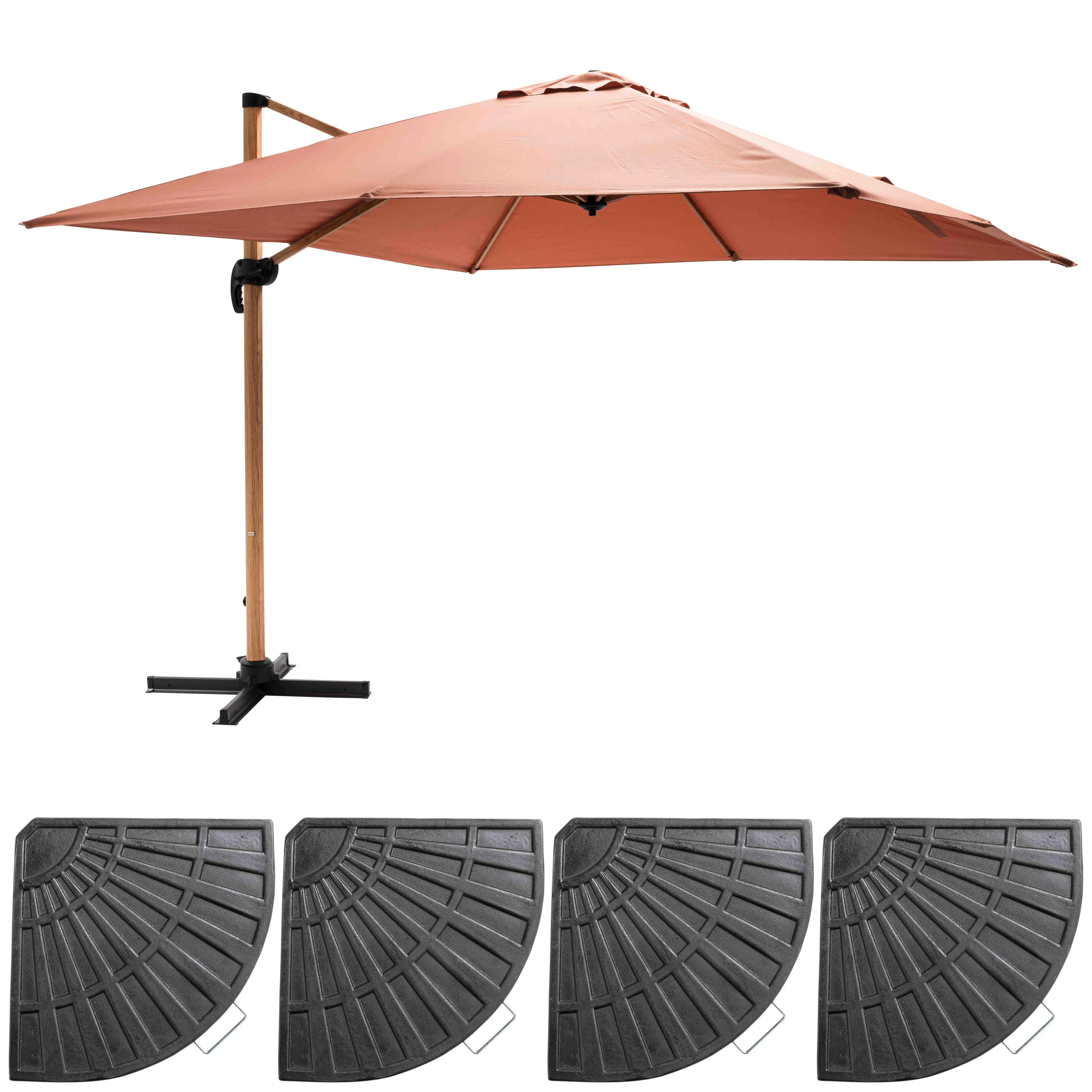 Parasol déporté 3x3m et 4 dalles lestées effet bois argile