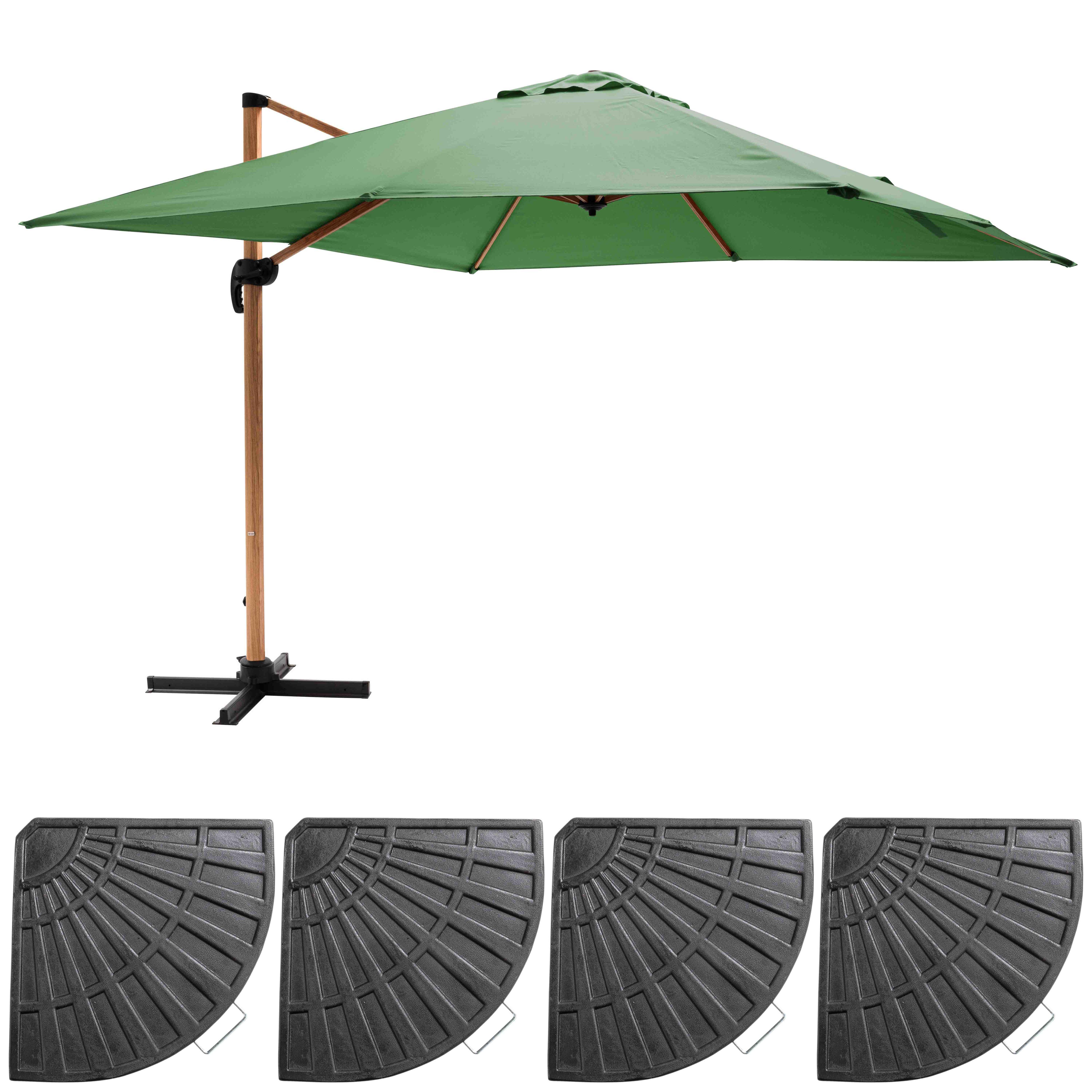 Parasol déporté 3x3m et 4 dalles lestées effet bois vert cactus