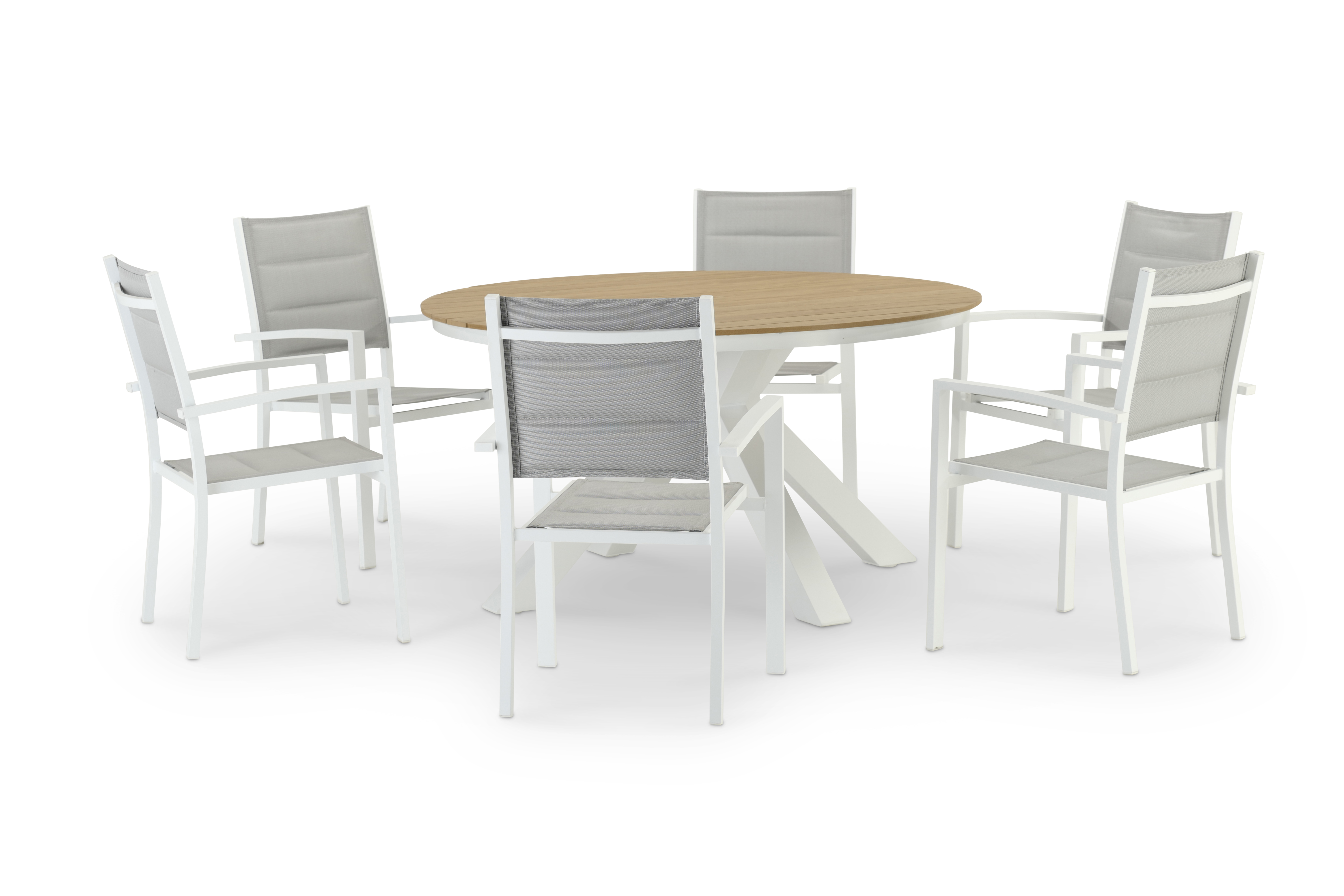 Table ronde blanche et 6 chaises textiles