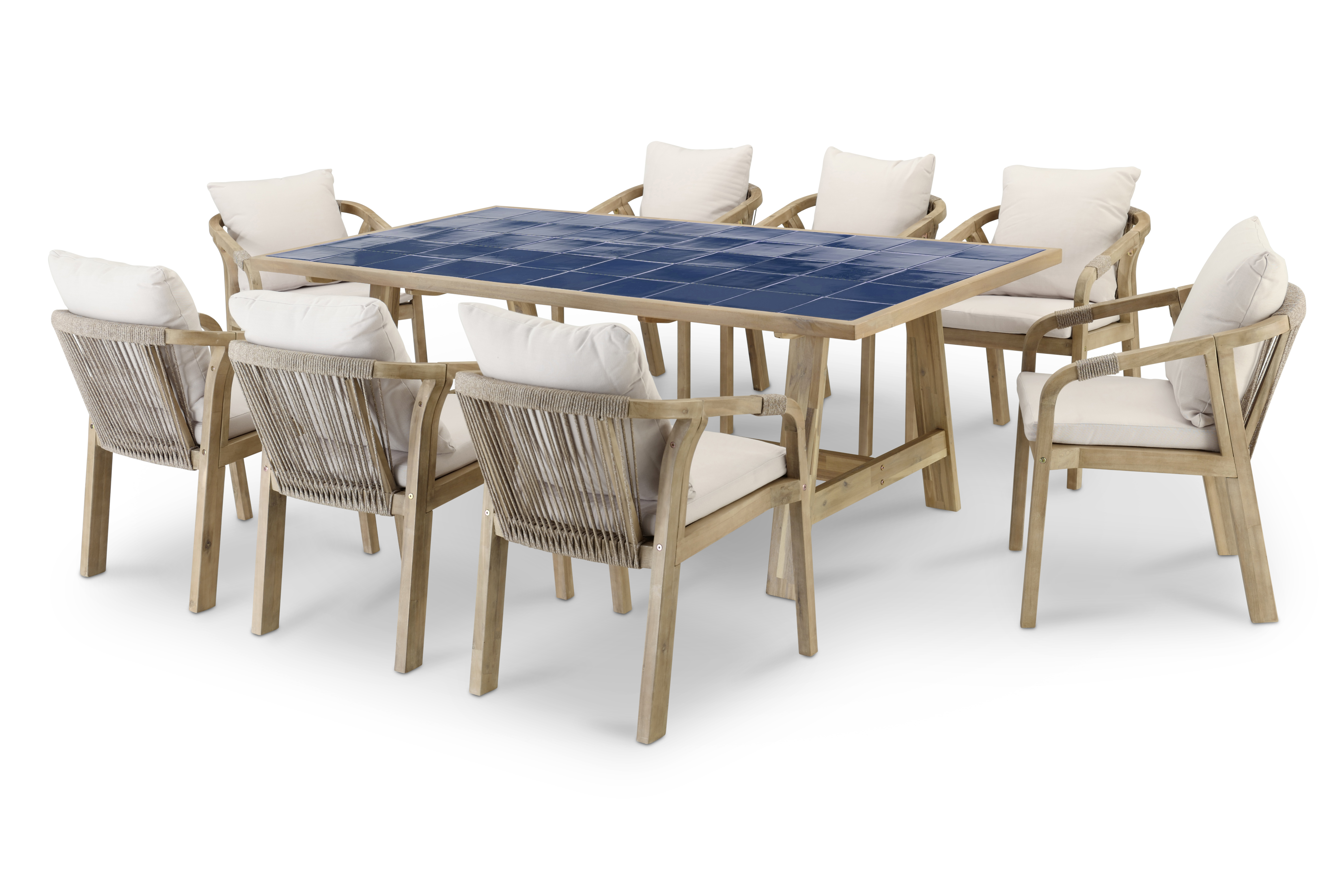 Ensemble de table en bois bleu et céramique et 8 chaises