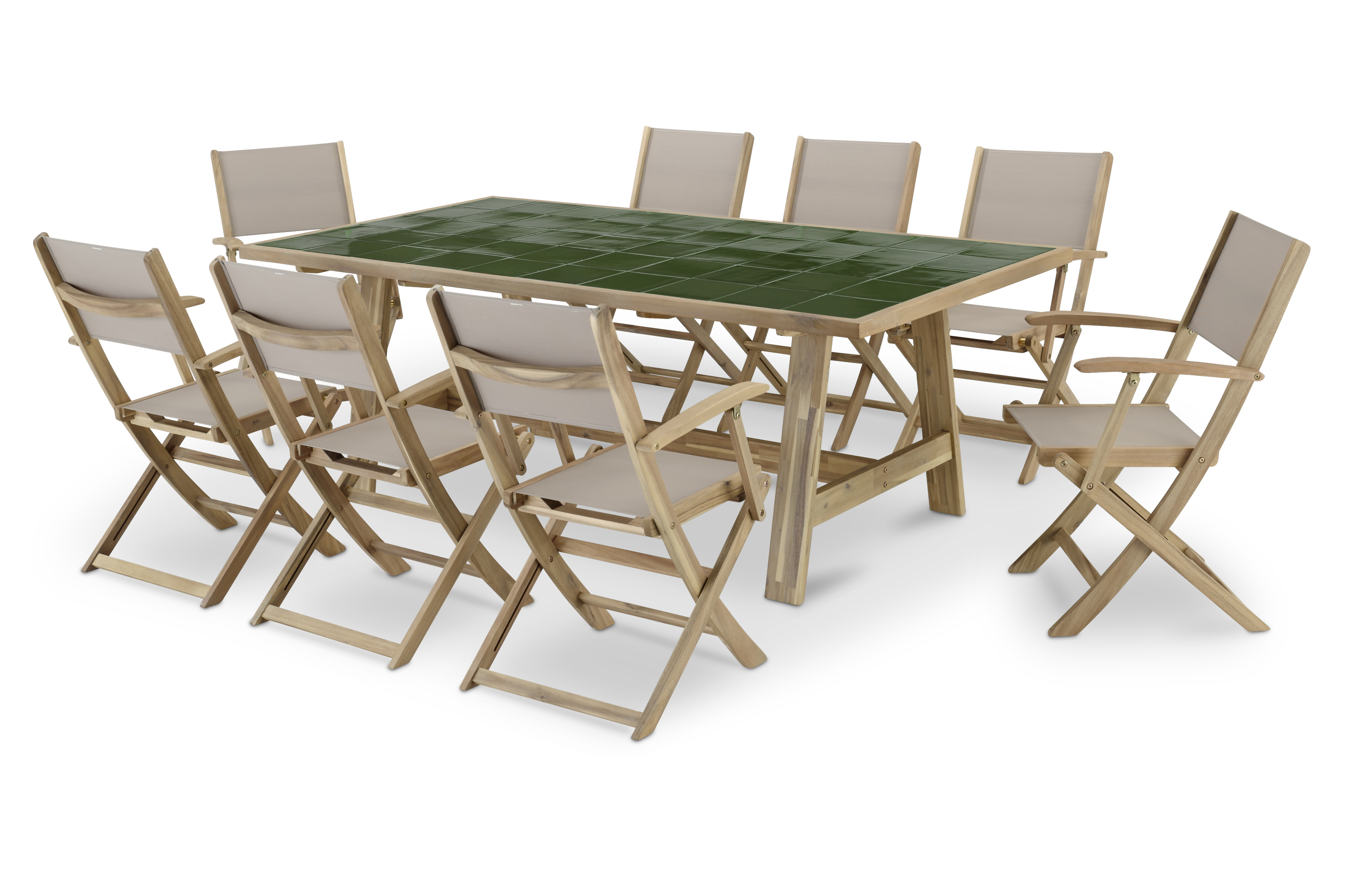 Ensemble table céramique verte 205x105 et 8 chaises
