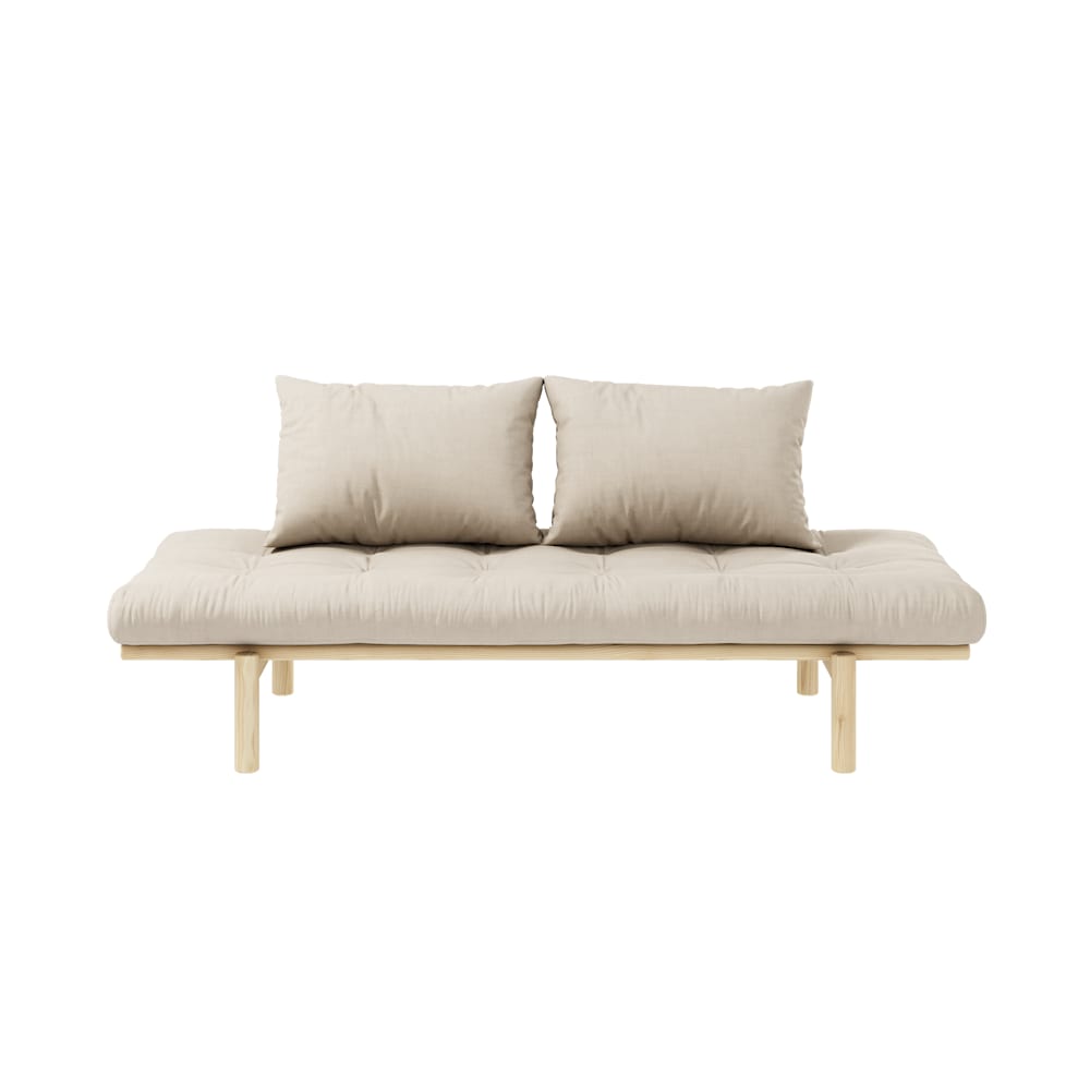 Sofa en pin massif naturel matelas beige 75×200 coussins 40×60 inclus