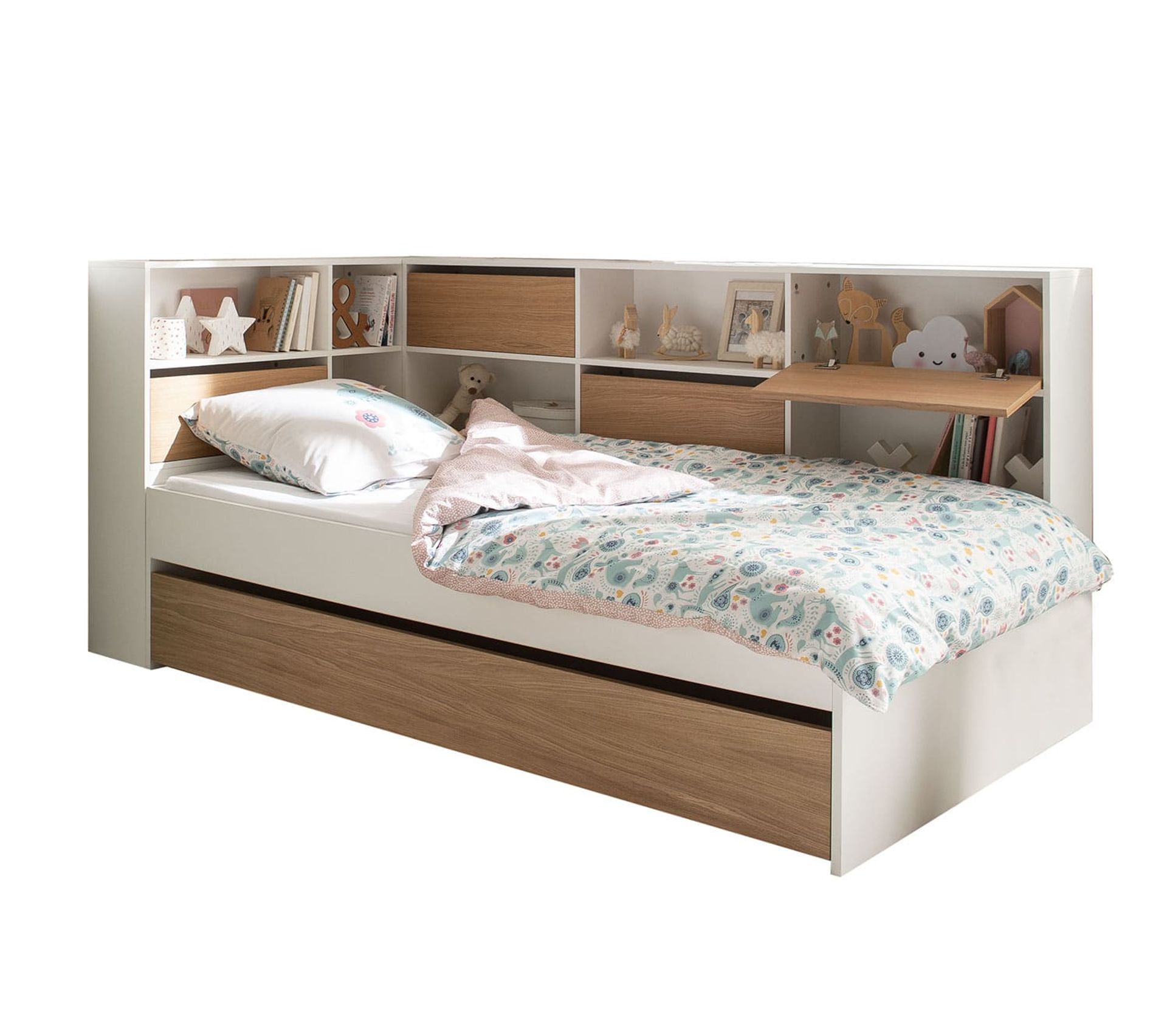 lit gigogne avec rangement 90x190 blanc et bois