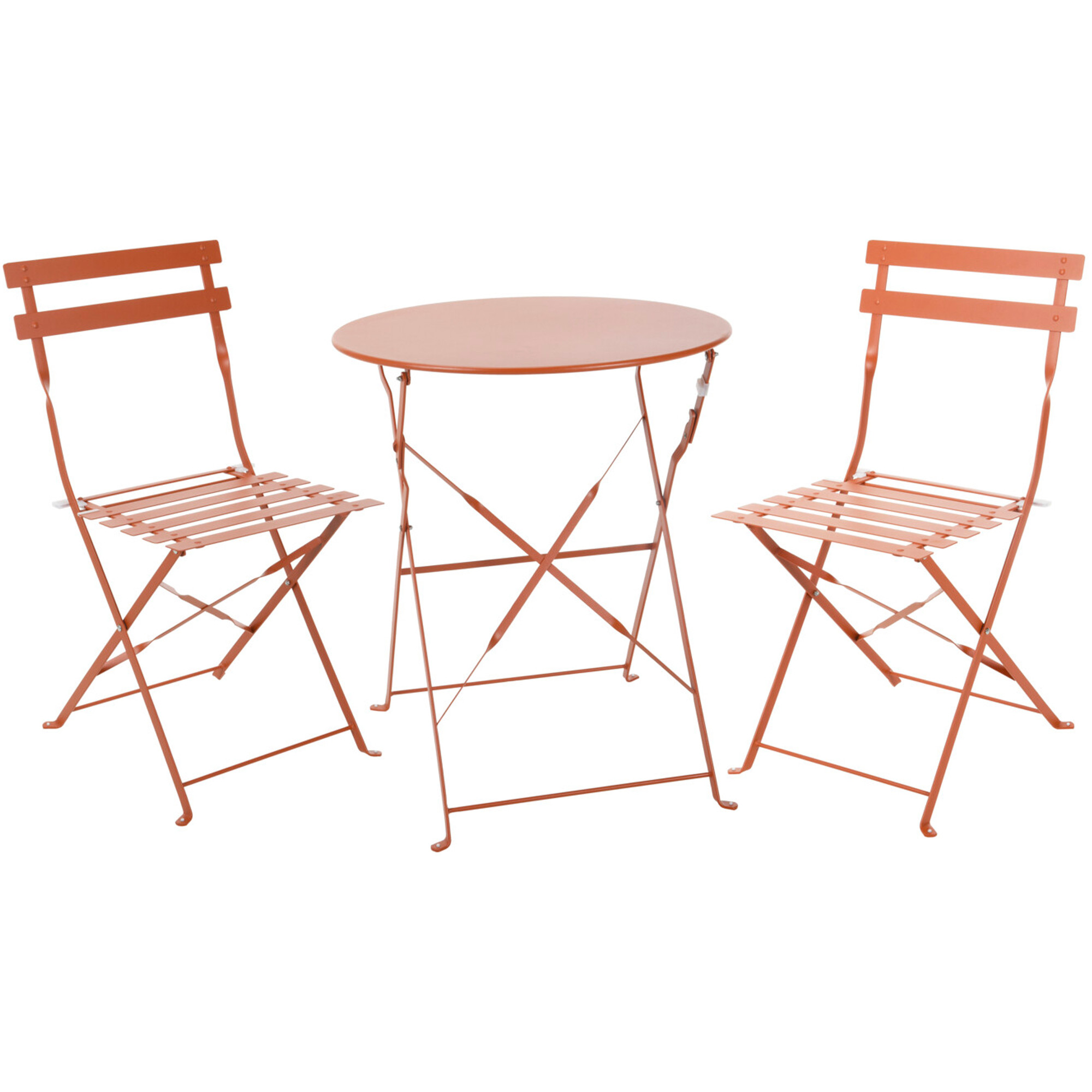 set table + 2 chaises de jardin pliable en métal terracotta bistrot