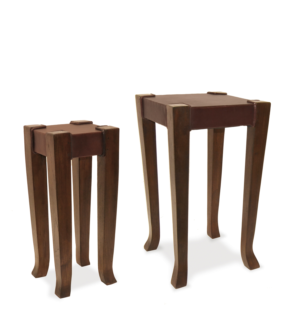 set de 2 tables d'appoint en bois et cuir marron 37x37x65cm